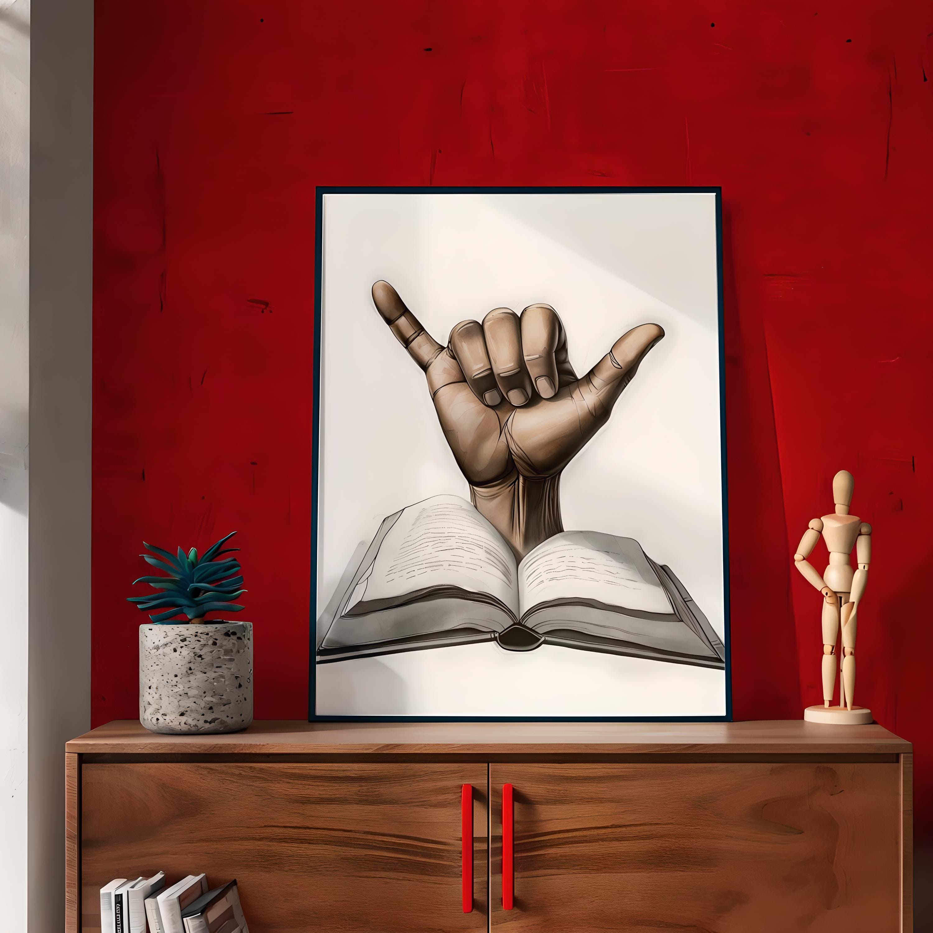 Printable Modern Wall Art, Shaka Hand Coming Out of Book, Book Lover Gallery Wall, Digital Art Download, Book Club Decor, Home Decor - Thumbnail 5