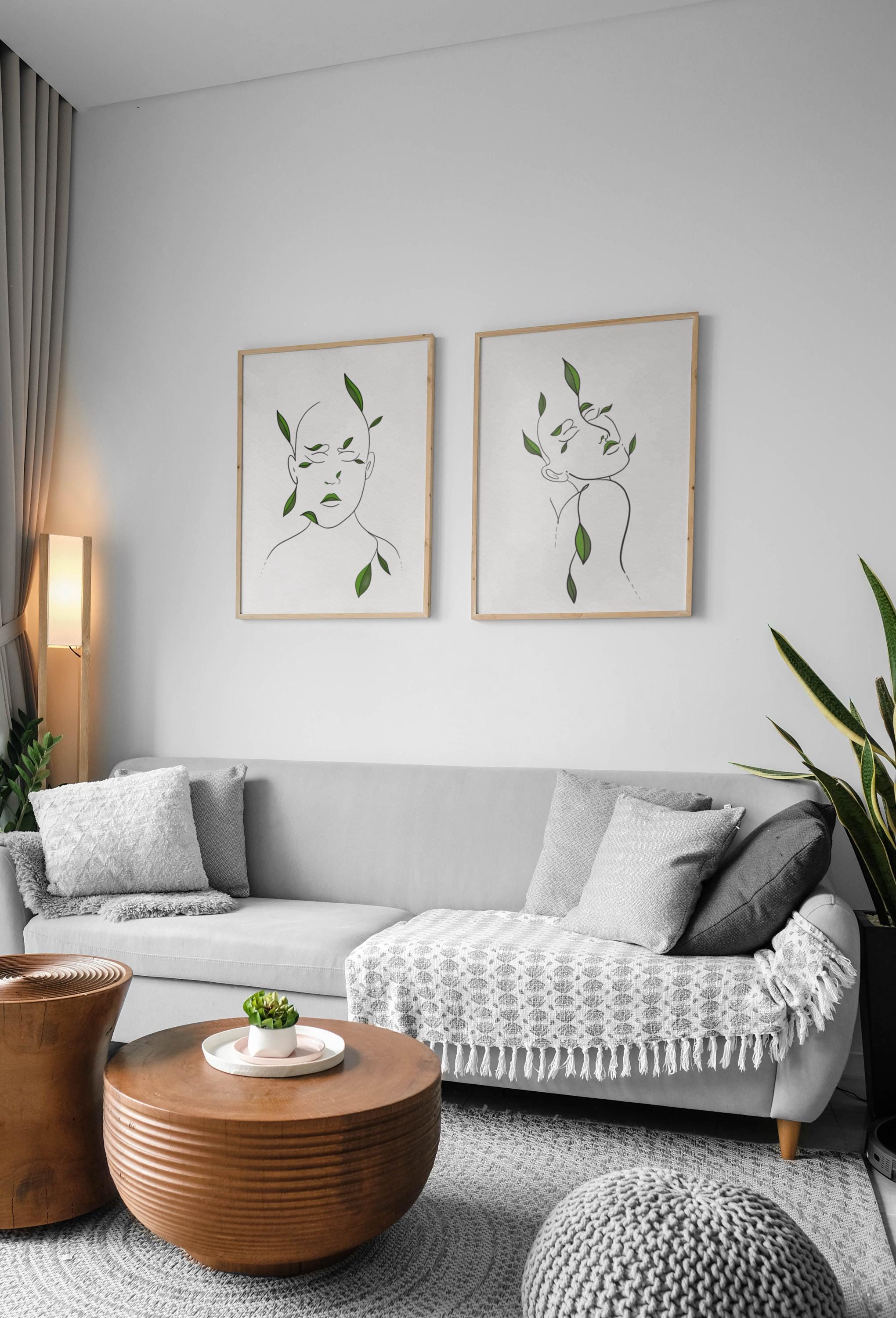 Woman Line Art Print Set of 2, Minimalist Female One Line Drawing with Green Leaves, Modern Body Line Art, Floral Home Decor - Thumbnail 6