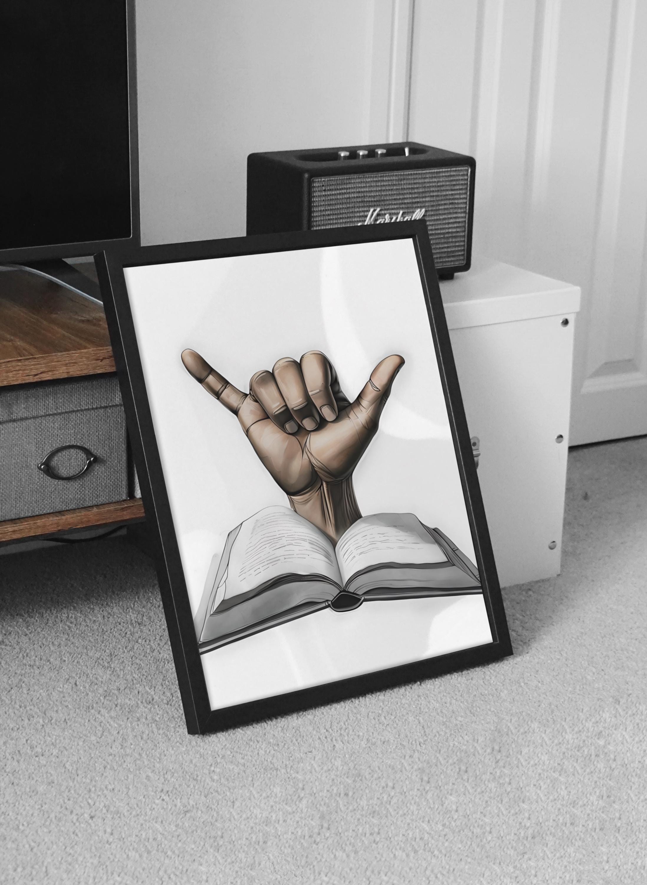 Printable Modern Wall Art, Shaka Hand Coming Out of Book, Book Lover Gallery Wall, Digital Art Download, Book Club Decor, Home Decor - Thumbnail 3