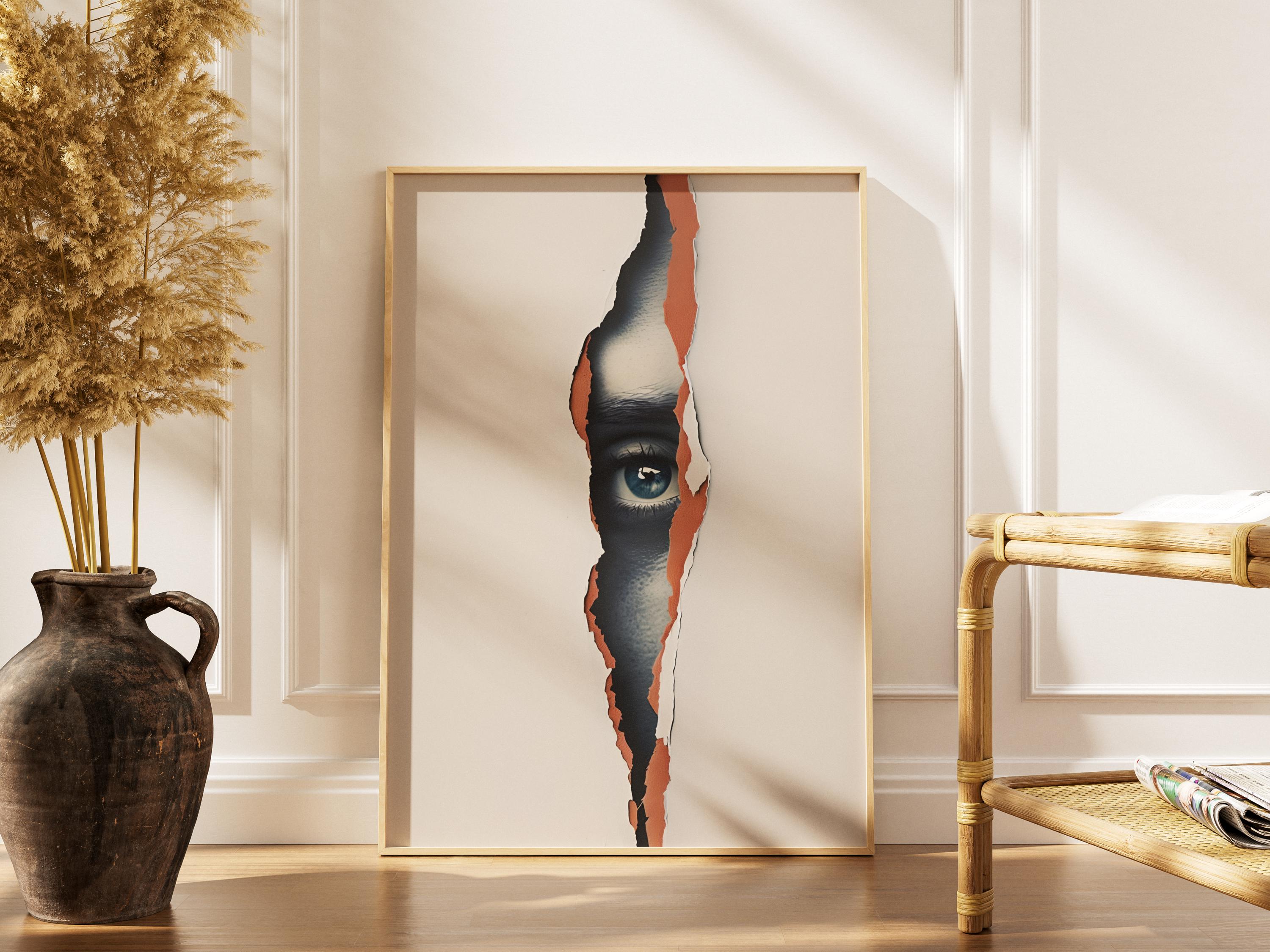 Blue Eye Through the Wall, Minimalist Mysterious Face Art, Digital Beige Aesthetic Wall Decor, Modern Surreal Poster for Home