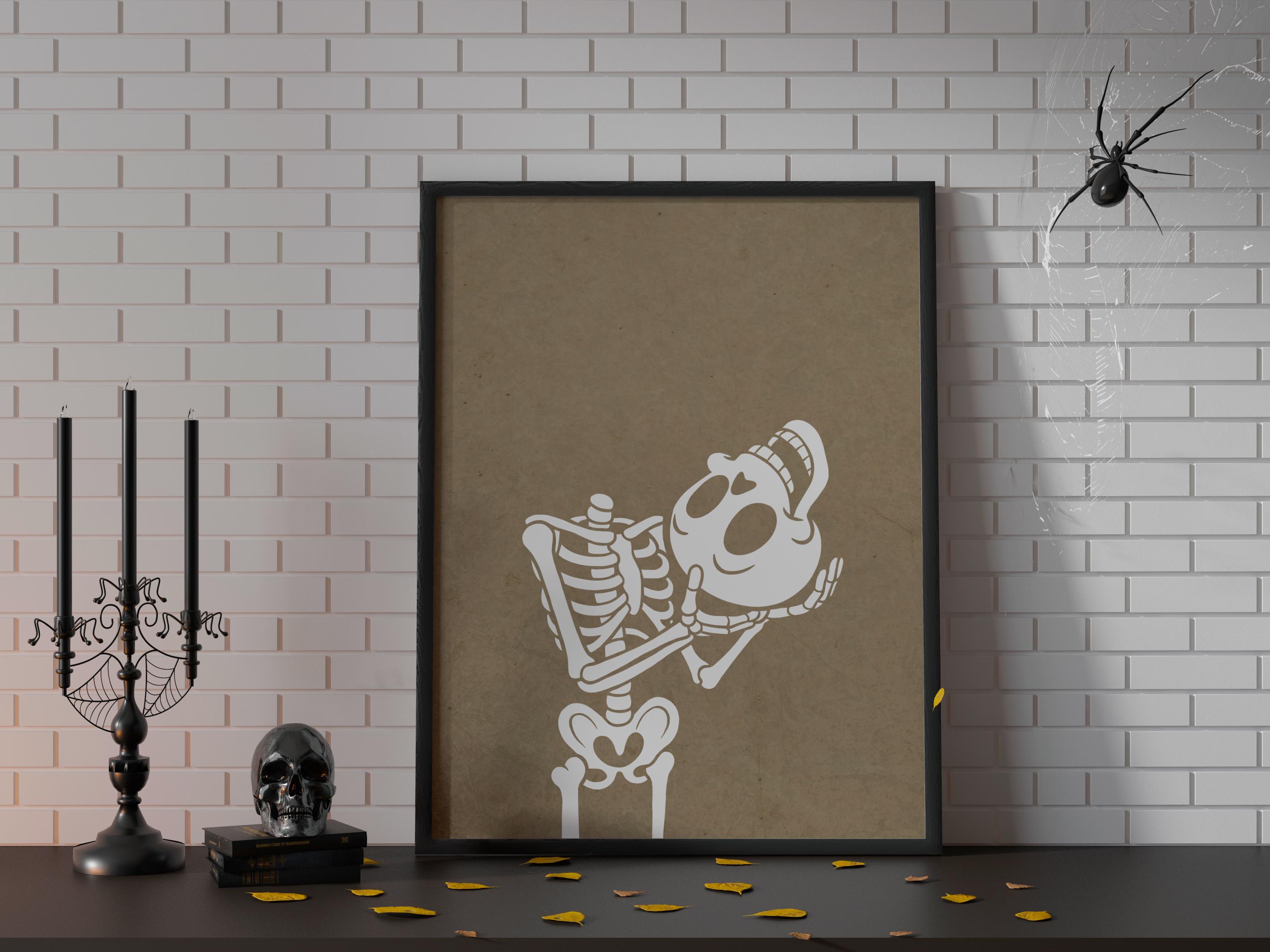 Set of 2 Spooky Skeleton Holding Pumpkin and Skull Prints, Halloween Digital Wall Art for Party, Home, or Office Decor - Thumbnail 4