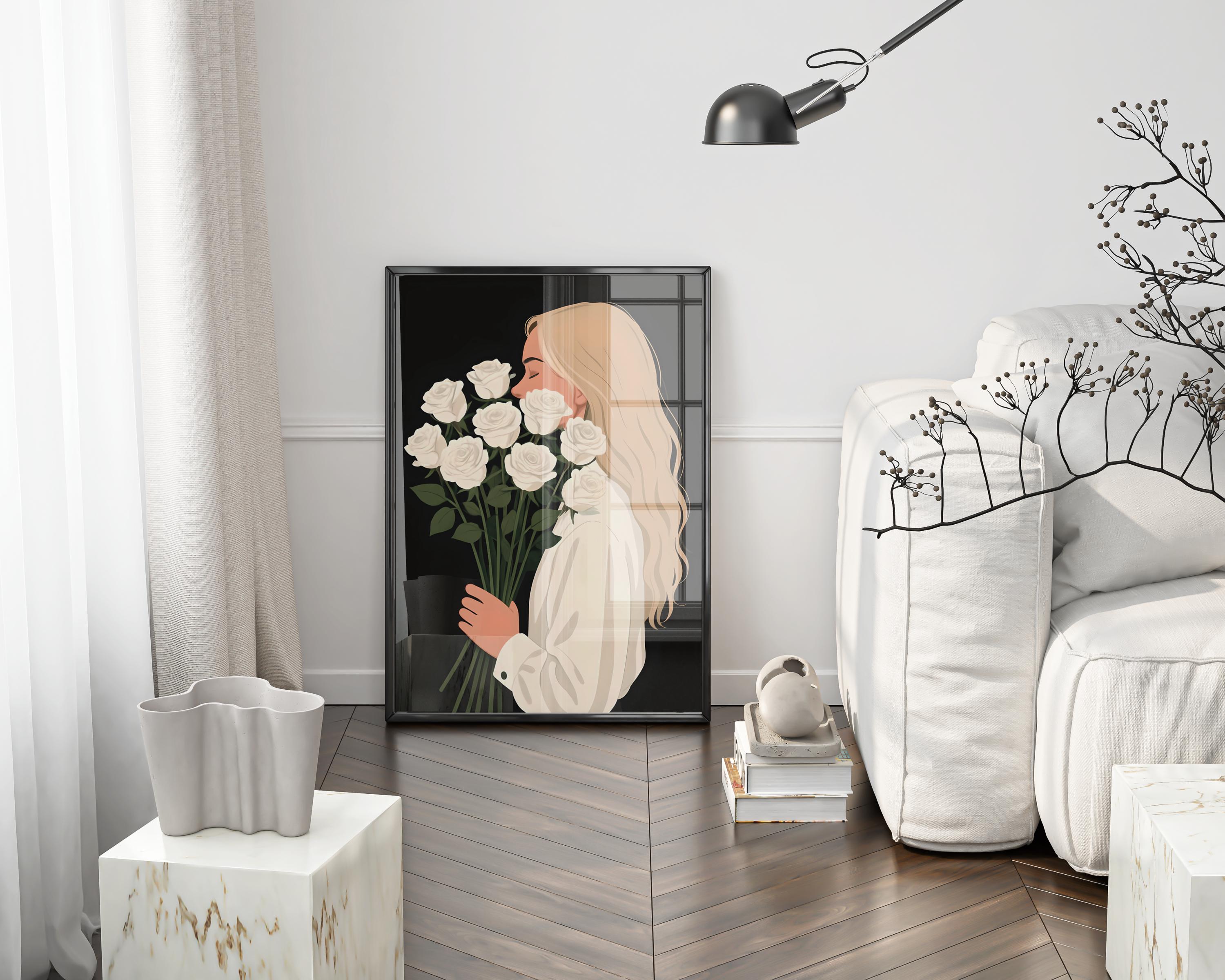 Girl with White Roses Wall Art, Modern Minimalist Floral Portrait, Elegant Feminine Poster, Digital Download, Bouquet Of Flowers - Thumbnail 2
