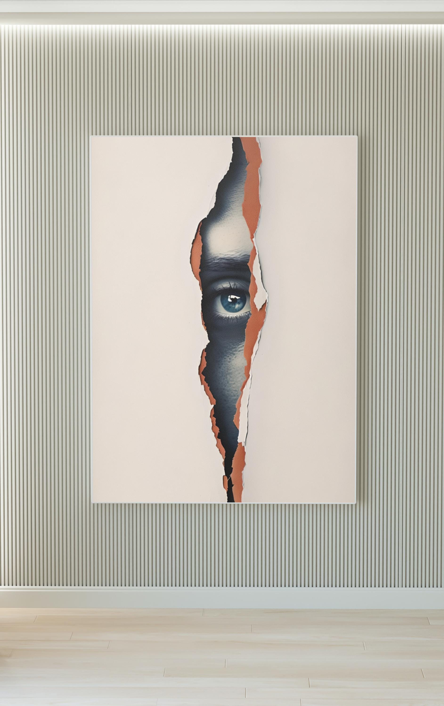 Blue Eye Through the Wall, Minimalist Mysterious Face Art, Digital Beige Aesthetic Wall Decor, Modern Surreal Poster for Home - Thumbnail 6