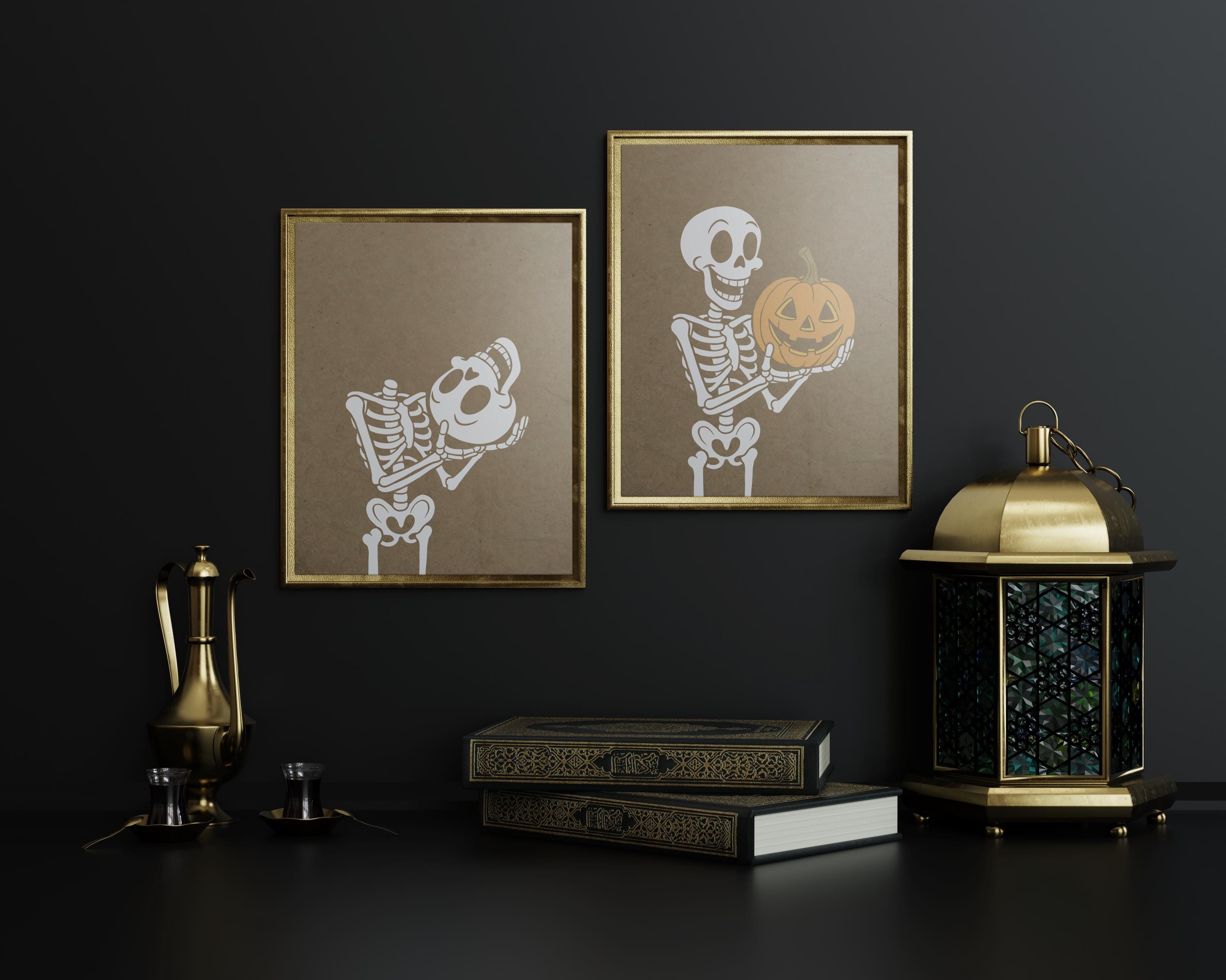 Set of 2 Spooky Skeleton Holding Pumpkin and Skull Prints, Halloween Digital Wall Art for Party, Home, or Office Decor - Thumbnail 2