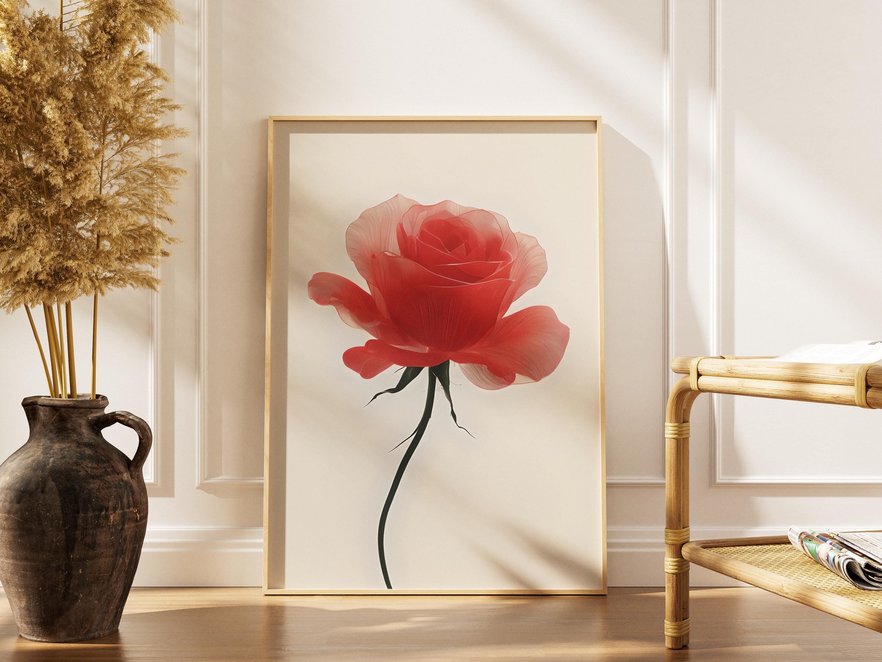 Minimalist Red Rose Art Print, Neutral Botanical Wall Decor, Modern Digital Flower Poster, Scandinavian Decor, Boho Style, Japandi Wall Art