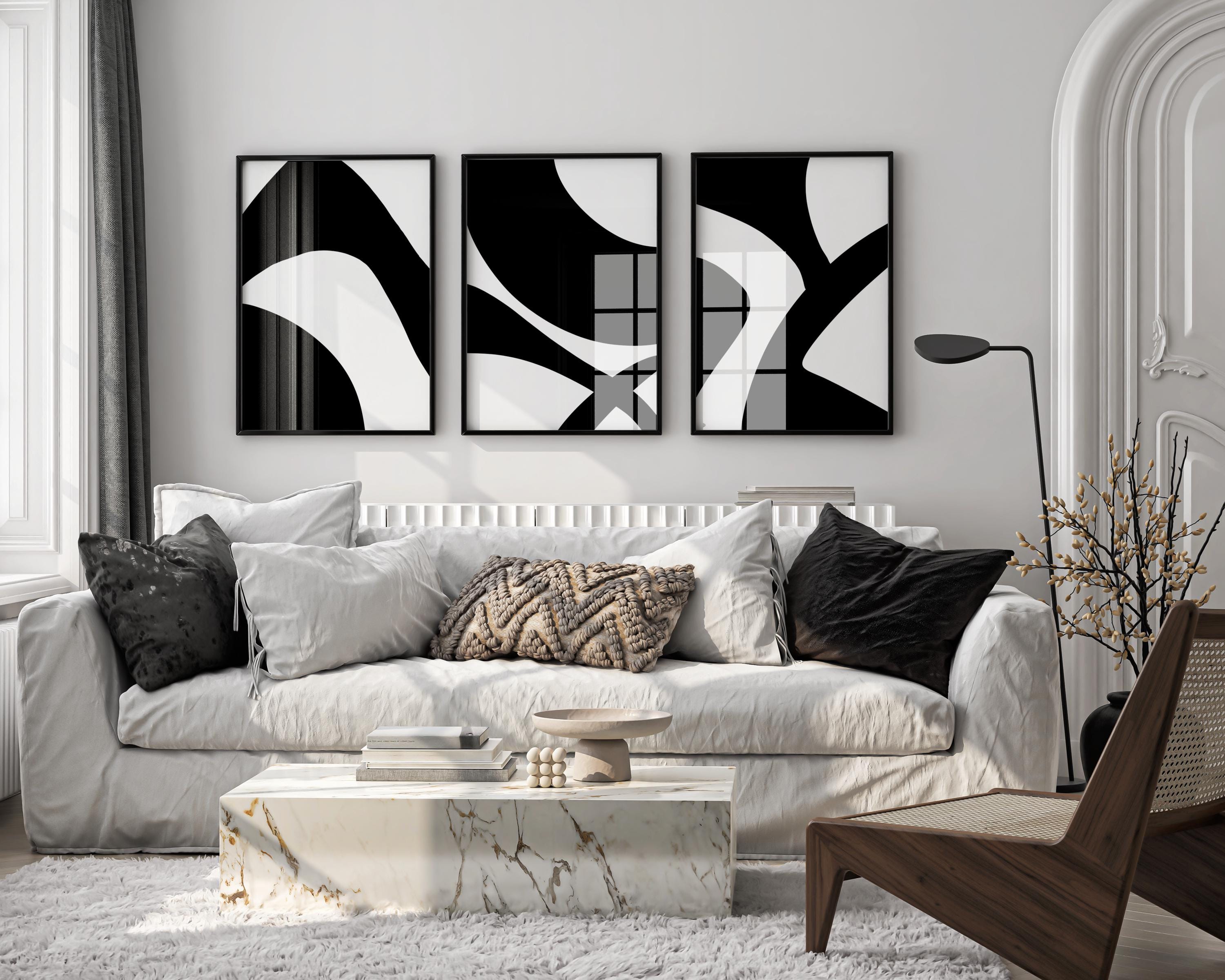 Set of 3 Black and White Abstract Wall Art, Minimalist Modern Prints, Scandinavian Style Home Decor, Digital Download - Thumbnail 2