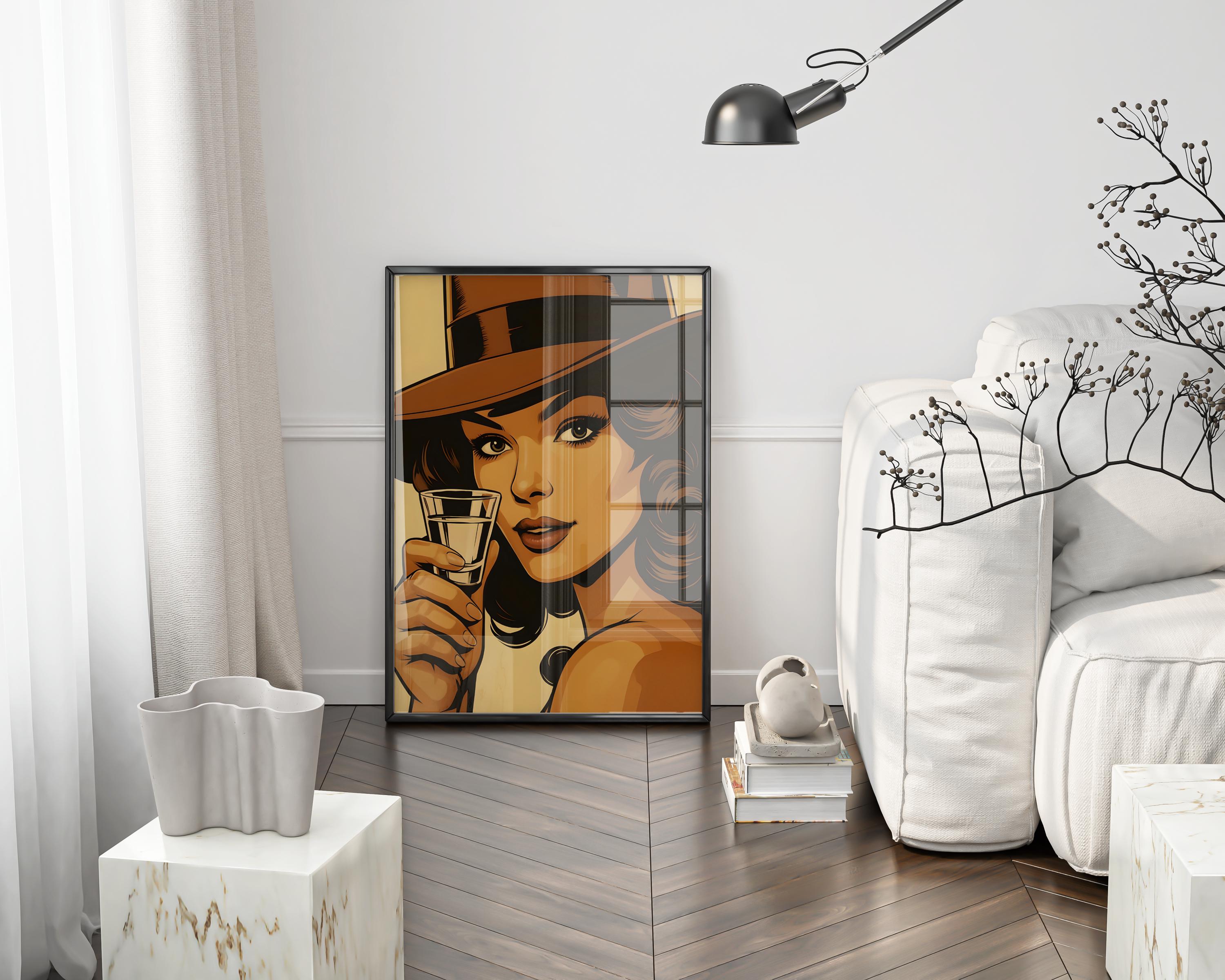 Vintage Glamour Woman with Tequila Shot,  Retro Digital Art Print, Sexy Pin-Up Style Poster for Home Bar or Kitchen Decor,  Digital Download - Thumbnail 2