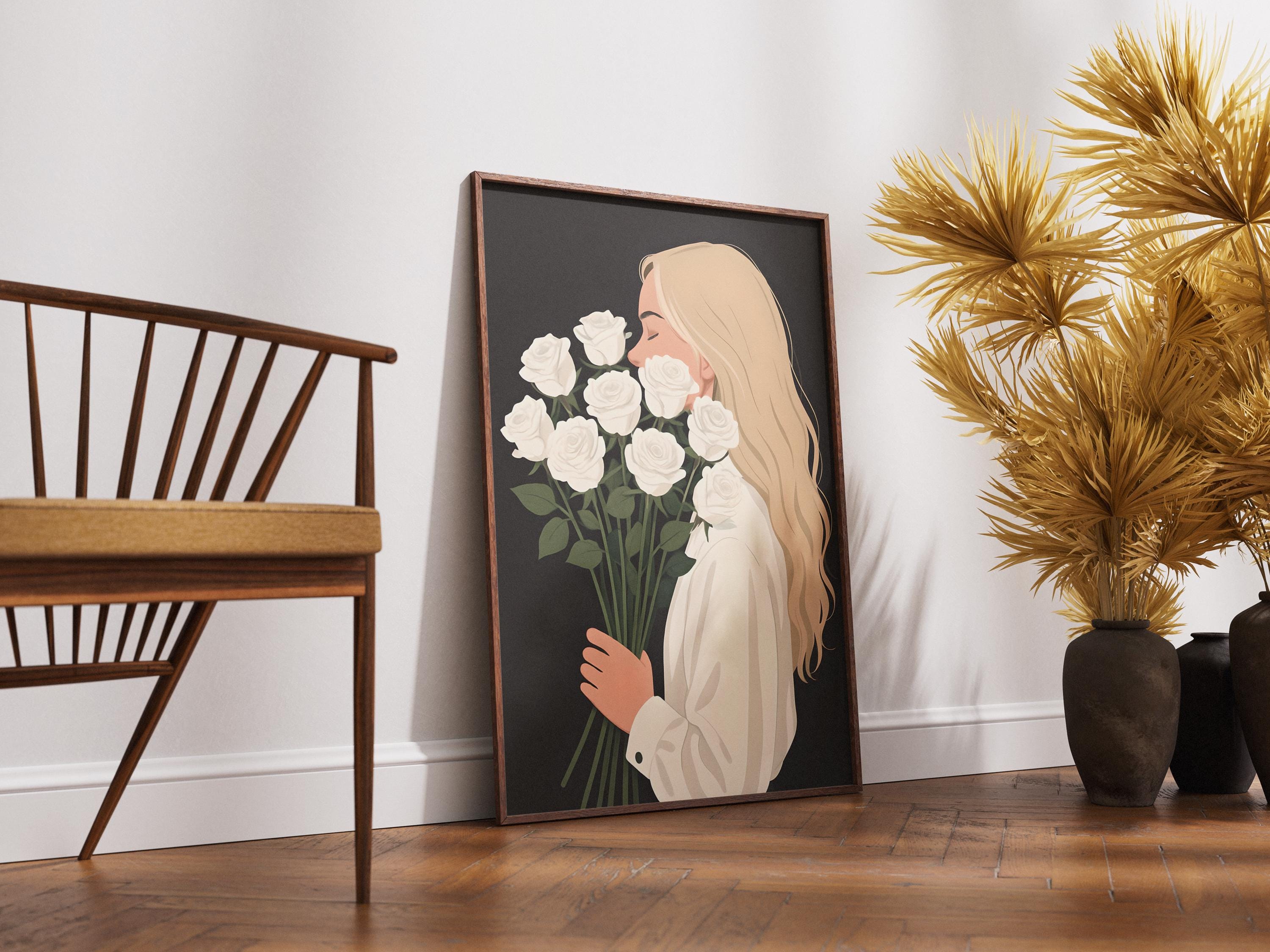 Girl with White Roses Wall Art, Modern Minimalist Floral Portrait, Elegant Feminine Poster, Digital Download, Bouquet Of Flowers - Thumbnail 5