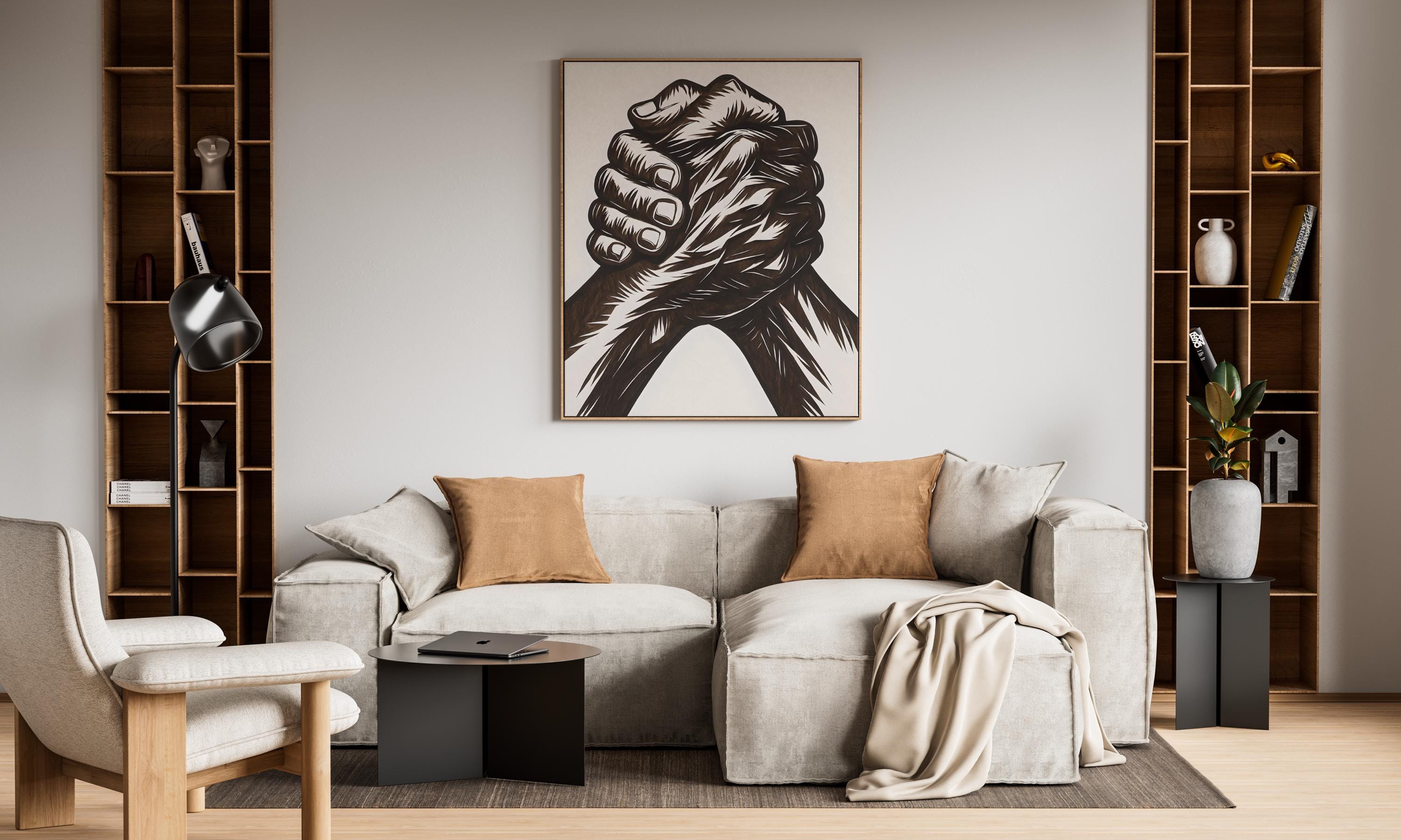 Powerful Hands Print, Black and White Line Art Digital Poster, Strength Unity Support Wall Art, Modern Minimalistic Design - Thumbnail 4