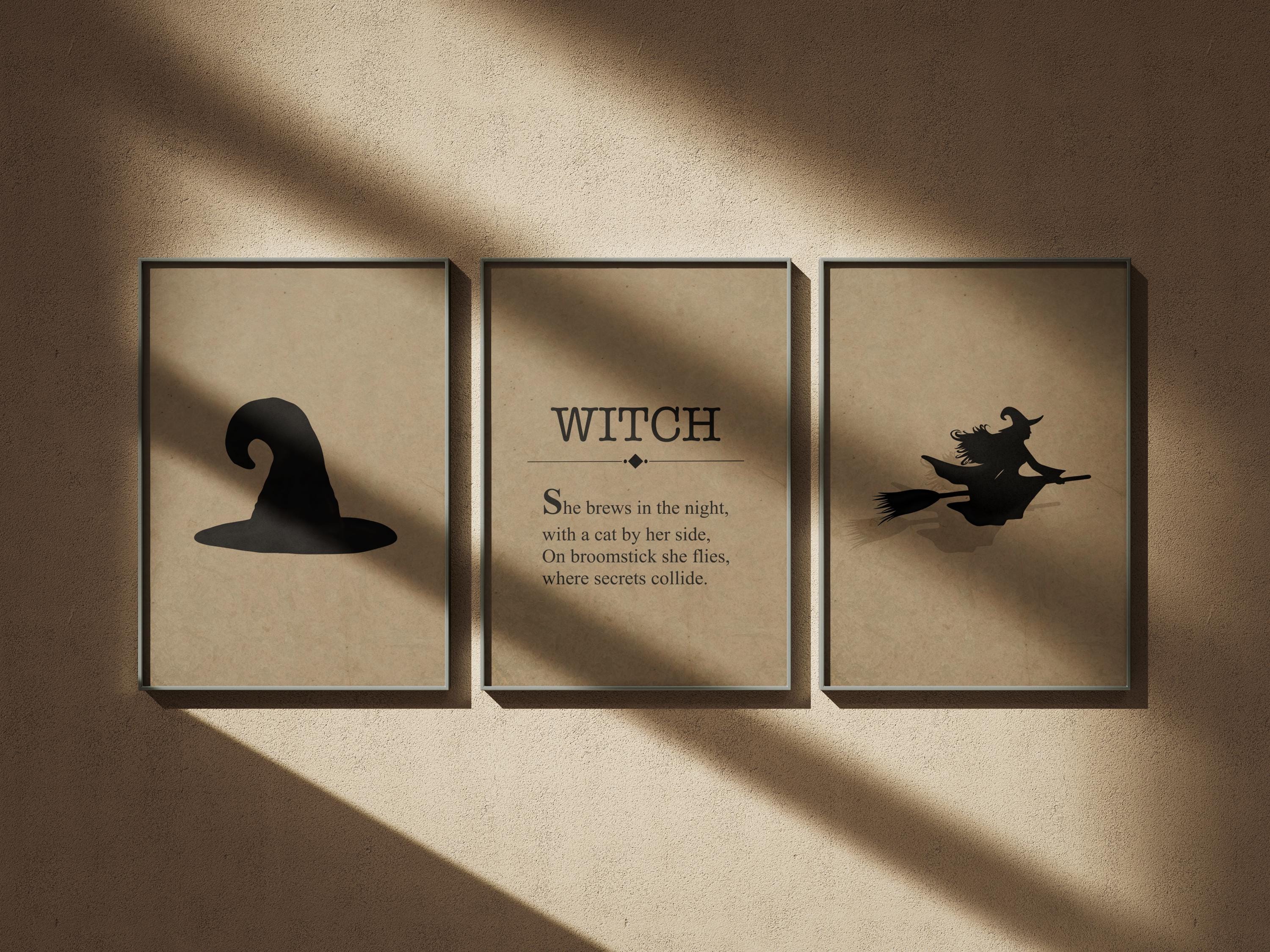 Witch Wall Art Set of 3, Vintage Halloween Decor with Hat, Flying Witch & Poem Print, Spooky Gothic Home Poster Trio, Digital Download - Thumbnail 3