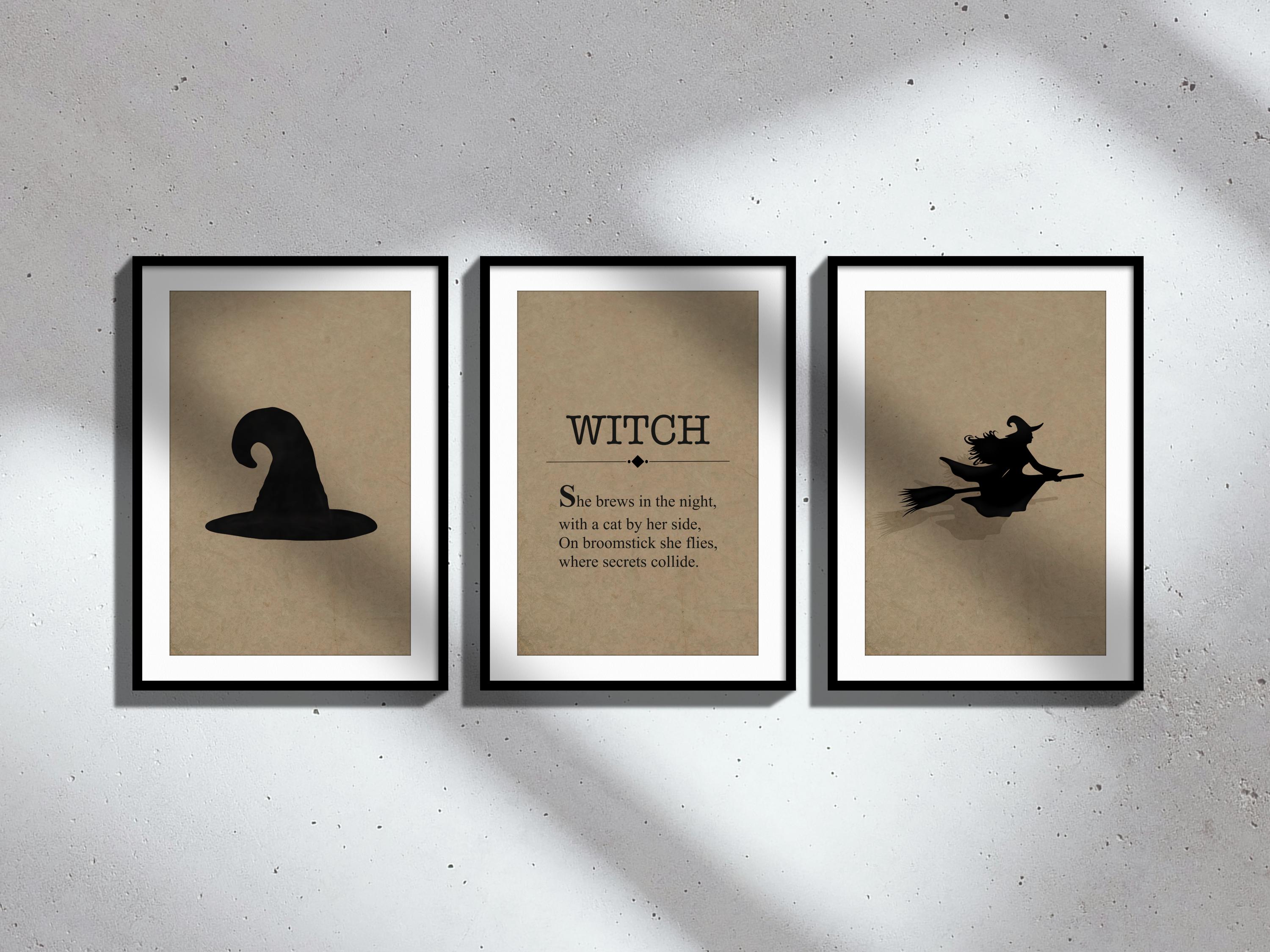 Witch Wall Art Set of 3, Vintage Halloween Decor with Hat, Flying Witch & Poem Print, Spooky Gothic Home Poster Trio, Digital Download
