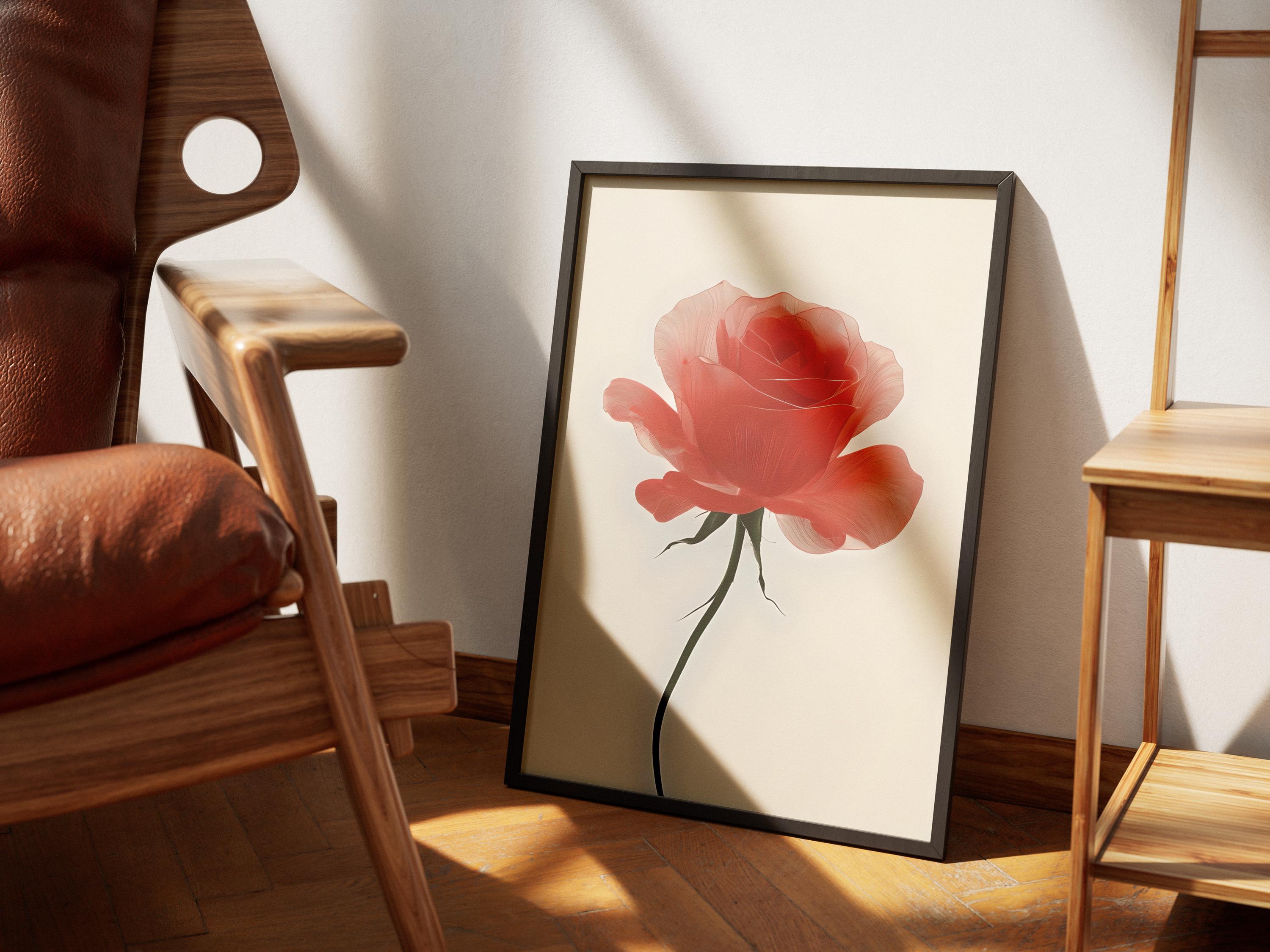 Minimalist Red Rose Art Print, Neutral Botanical Wall Decor, Modern Digital Flower Poster, Scandinavian Decor, Boho Style, Japandi Wall Art - Thumbnail 4