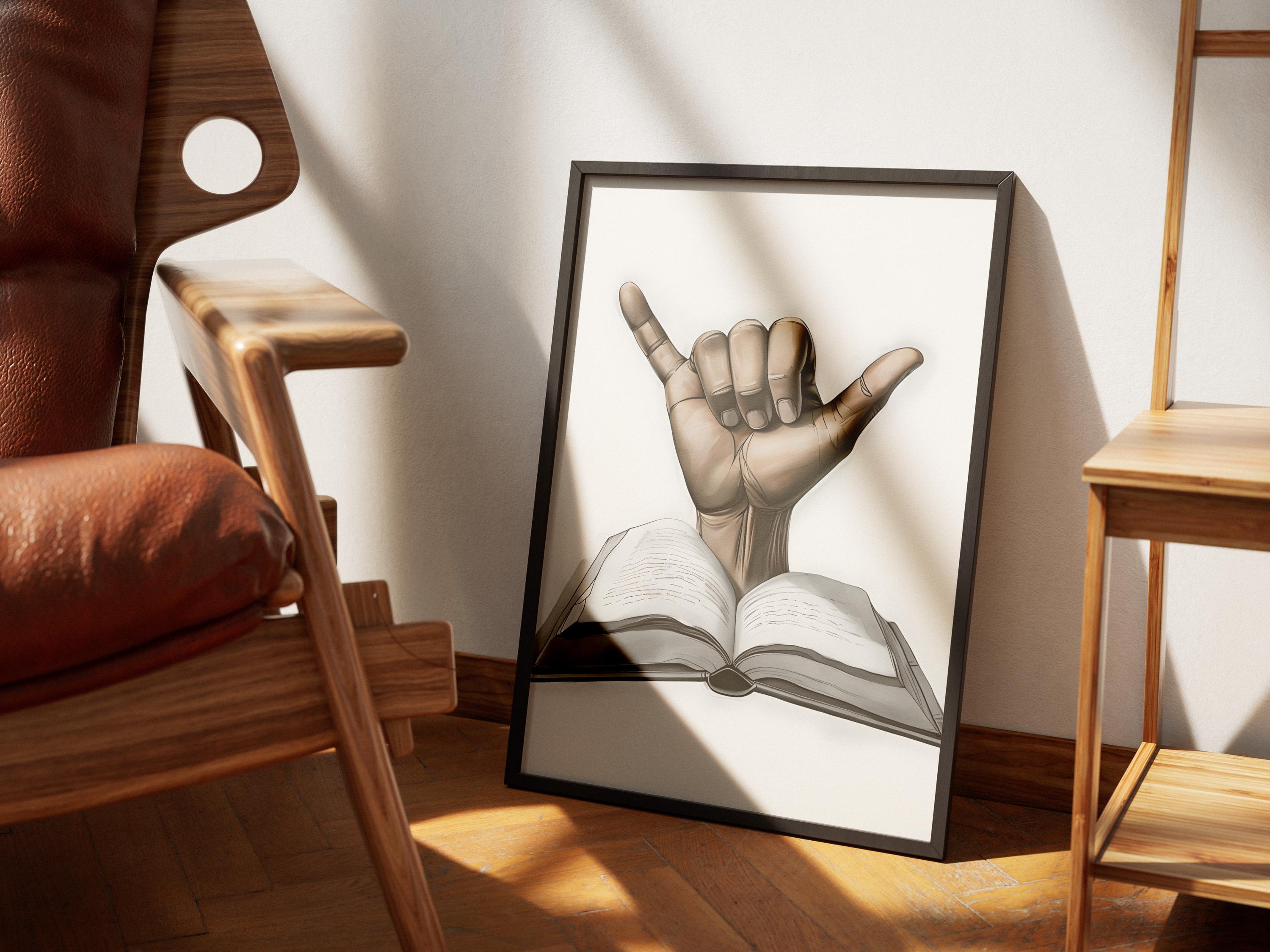 Printable Modern Wall Art, Shaka Hand Coming Out of Book, Book Lover Gallery Wall, Digital Art Download, Book Club Decor, Home Decor - Thumbnail 4