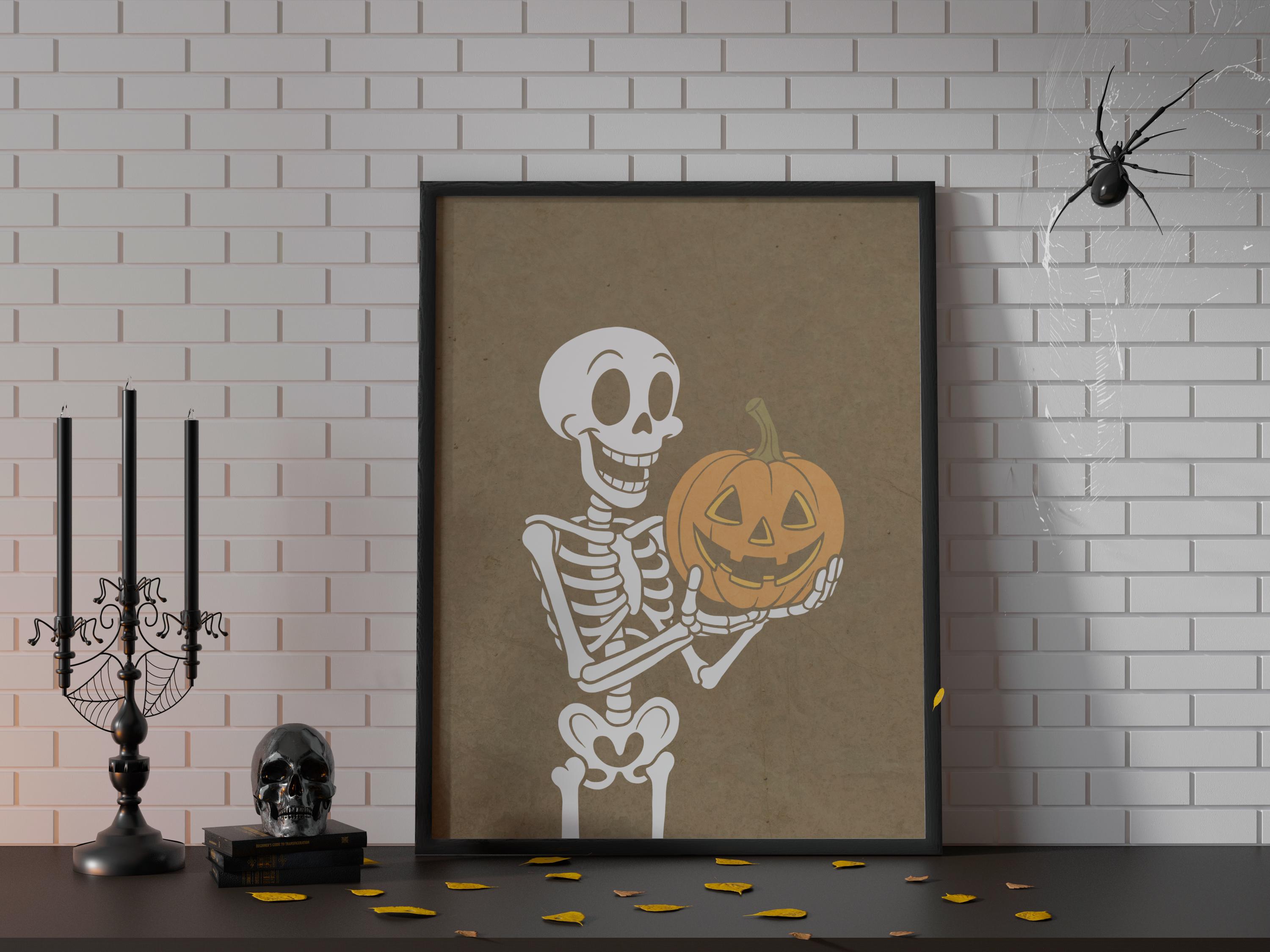 Set of 2 Spooky Skeleton Holding Pumpkin and Skull Prints, Halloween Digital Wall Art for Party, Home, or Office Decor - Thumbnail 3