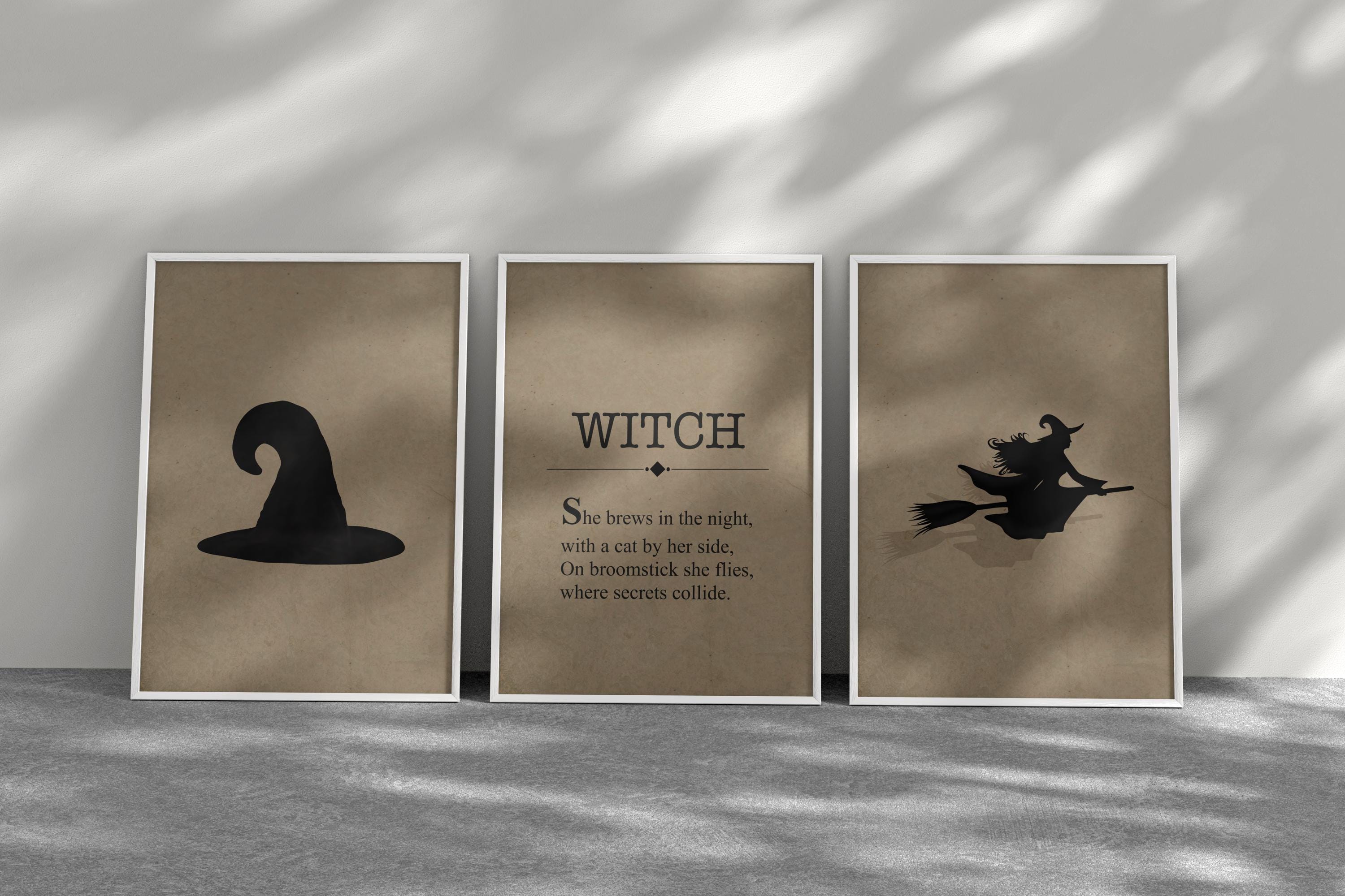 Witch Wall Art Set of 3, Vintage Halloween Decor with Hat, Flying Witch & Poem Print, Spooky Gothic Home Poster Trio, Digital Download - Thumbnail 7