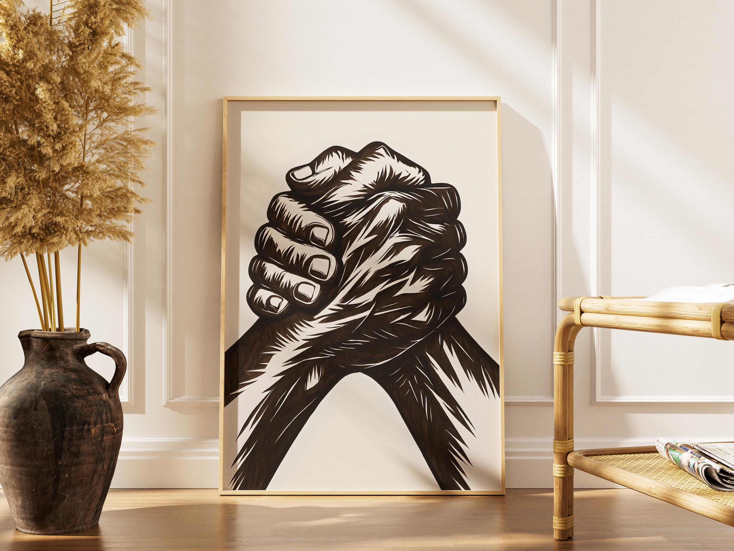 Powerful Hands Print, Black and White Line Art Digital Poster, Strength Unity Support Wall Art, Modern Minimalistic Design