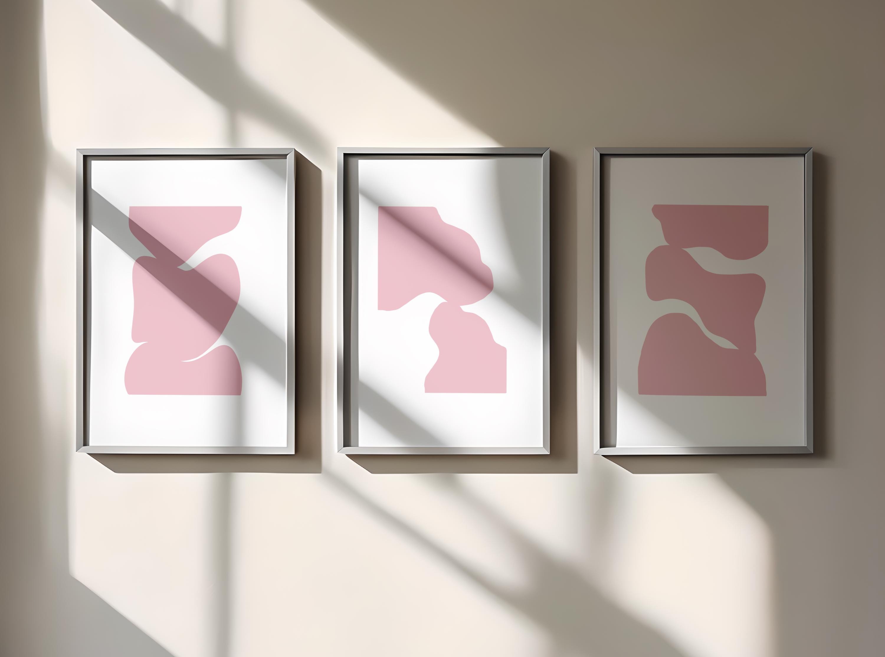 Set of 3 Pink Abstract Wall Art Prints, Blush Minimalist Line Art, Modern Home Decor, Digital Download