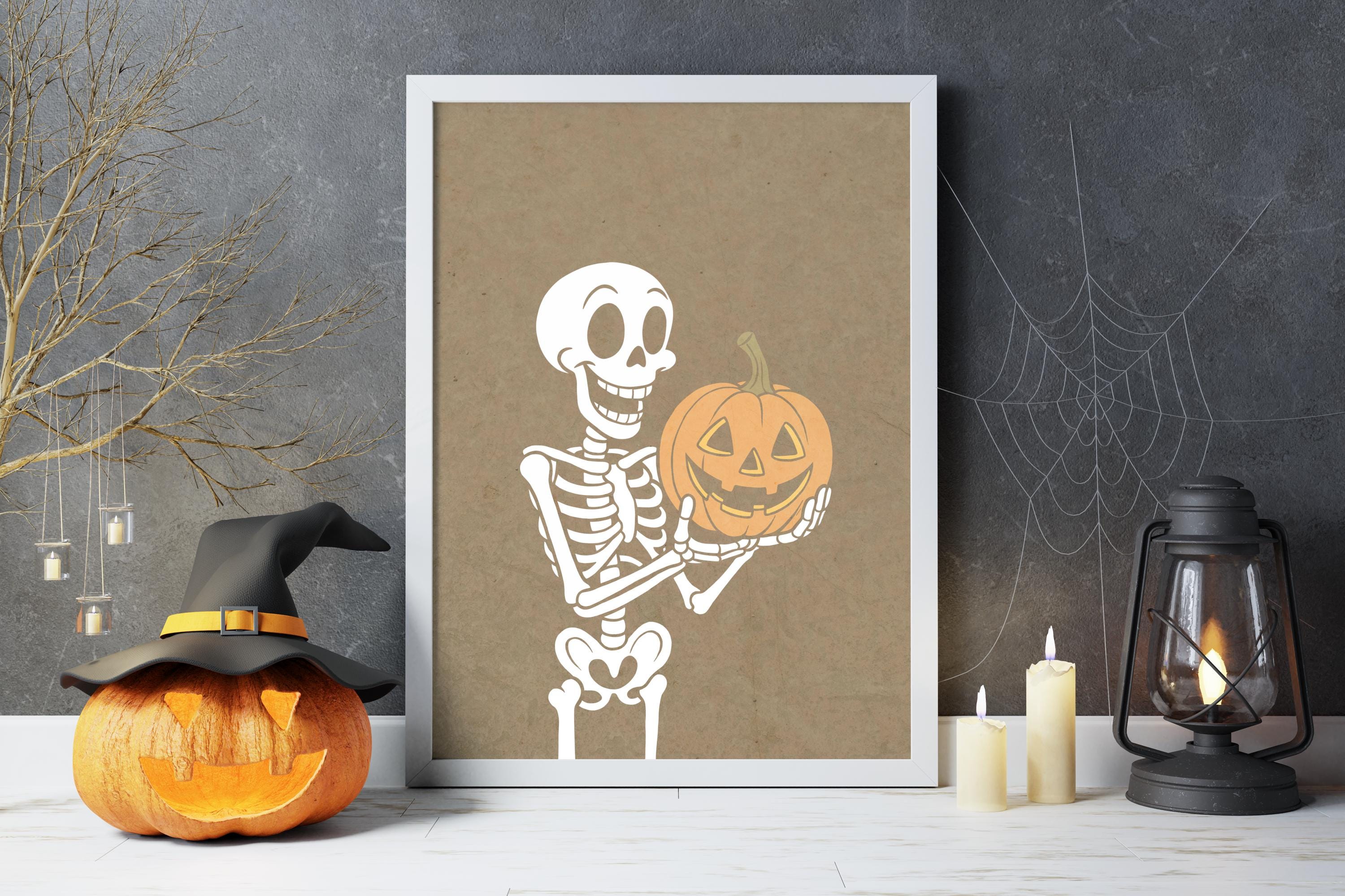 Set of 2 Spooky Skeleton Holding Pumpkin and Skull Prints, Halloween Digital Wall Art for Party, Home, or Office Decor - Thumbnail 6