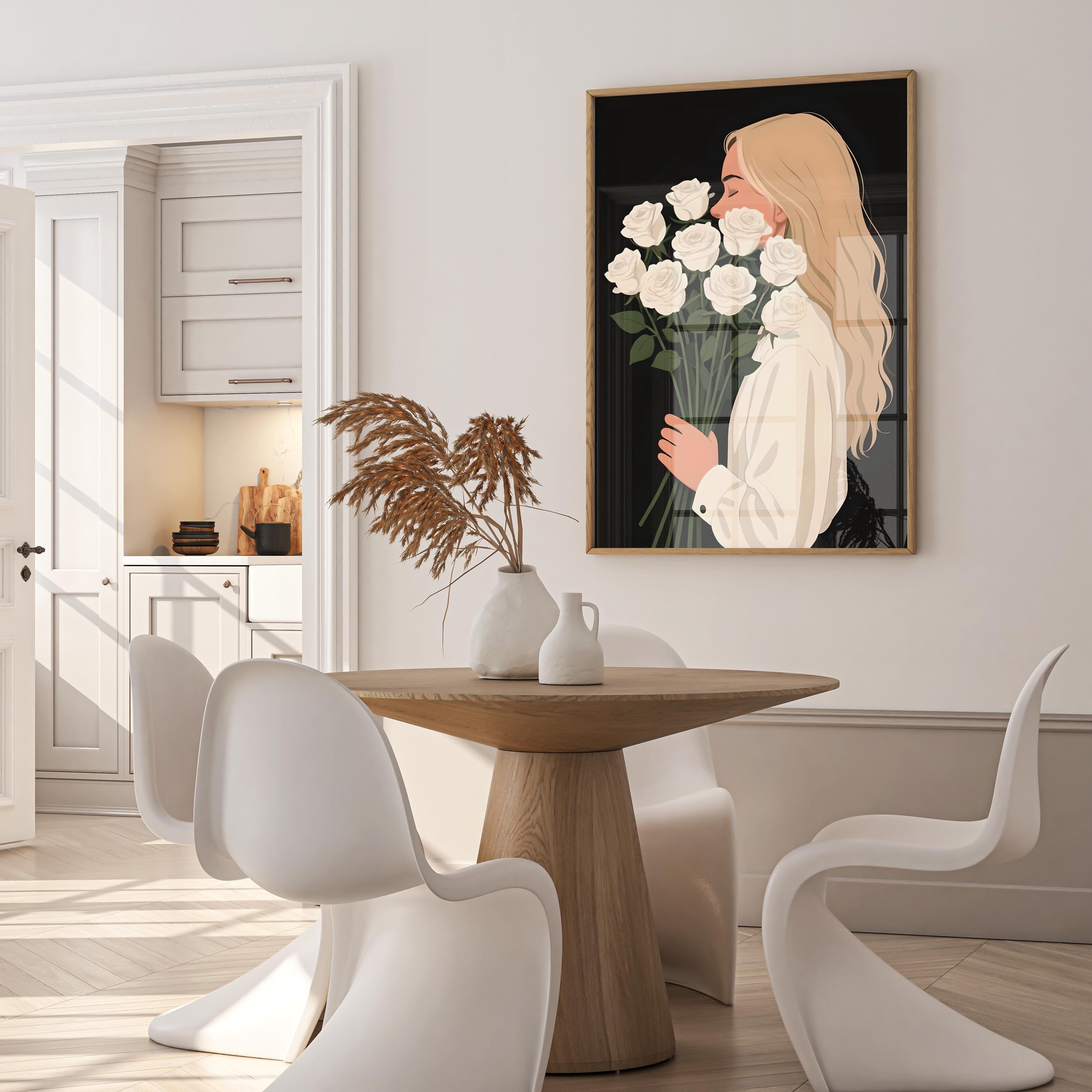 Girl with White Roses Wall Art, Modern Minimalist Floral Portrait, Elegant Feminine Poster, Digital Download, Bouquet Of Flowers - Thumbnail 4