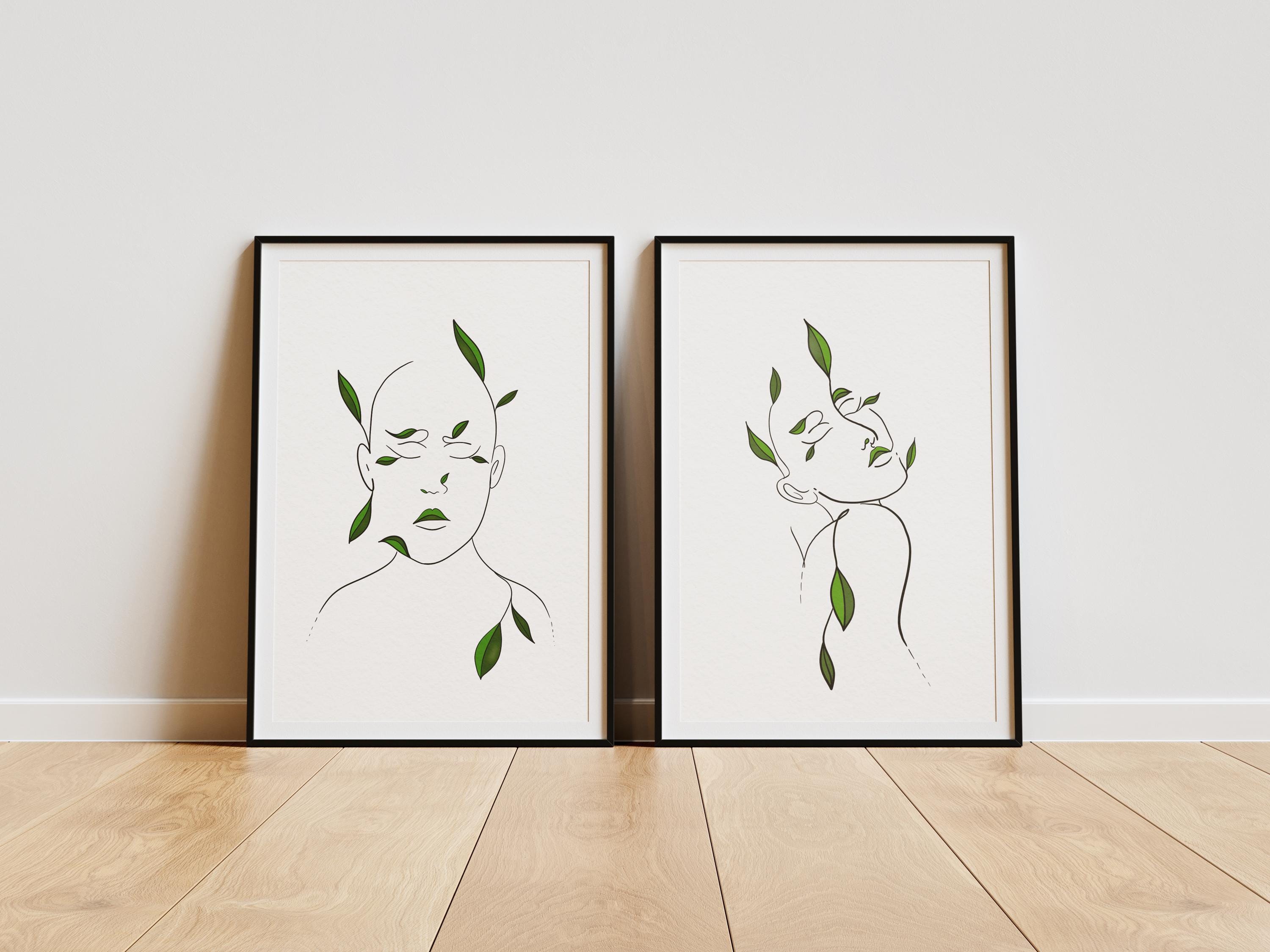 Woman Line Art Print Set of 2, Minimalist Female One Line Drawing with Green Leaves, Modern Body Line Art, Floral Home Decor