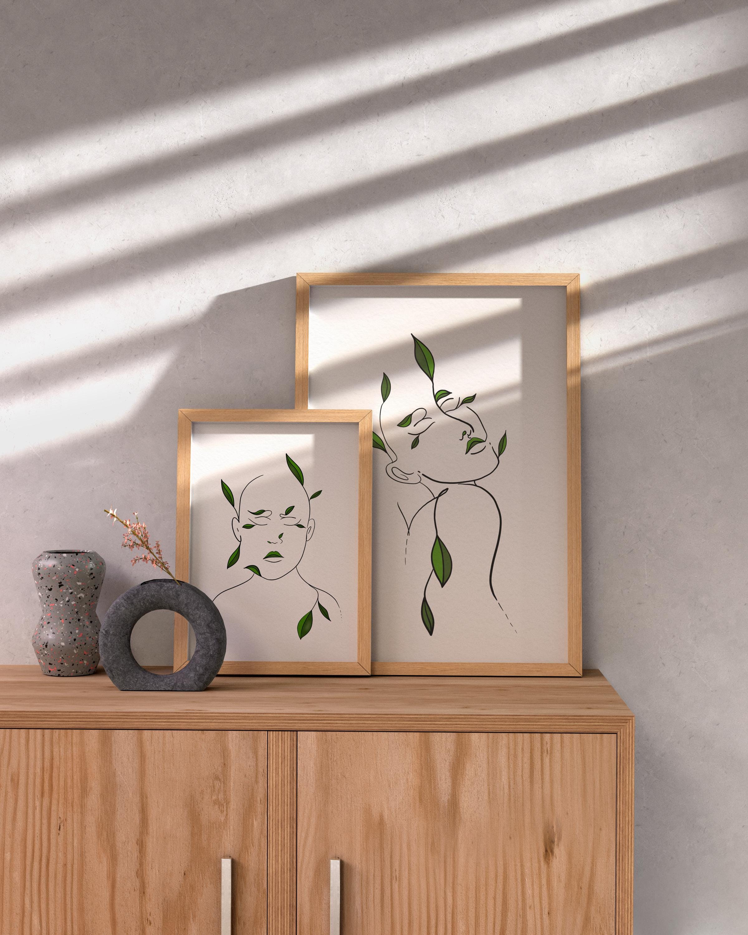 Woman Line Art Print Set of 2, Minimalist Female One Line Drawing with Green Leaves, Modern Body Line Art, Floral Home Decor - Thumbnail 5