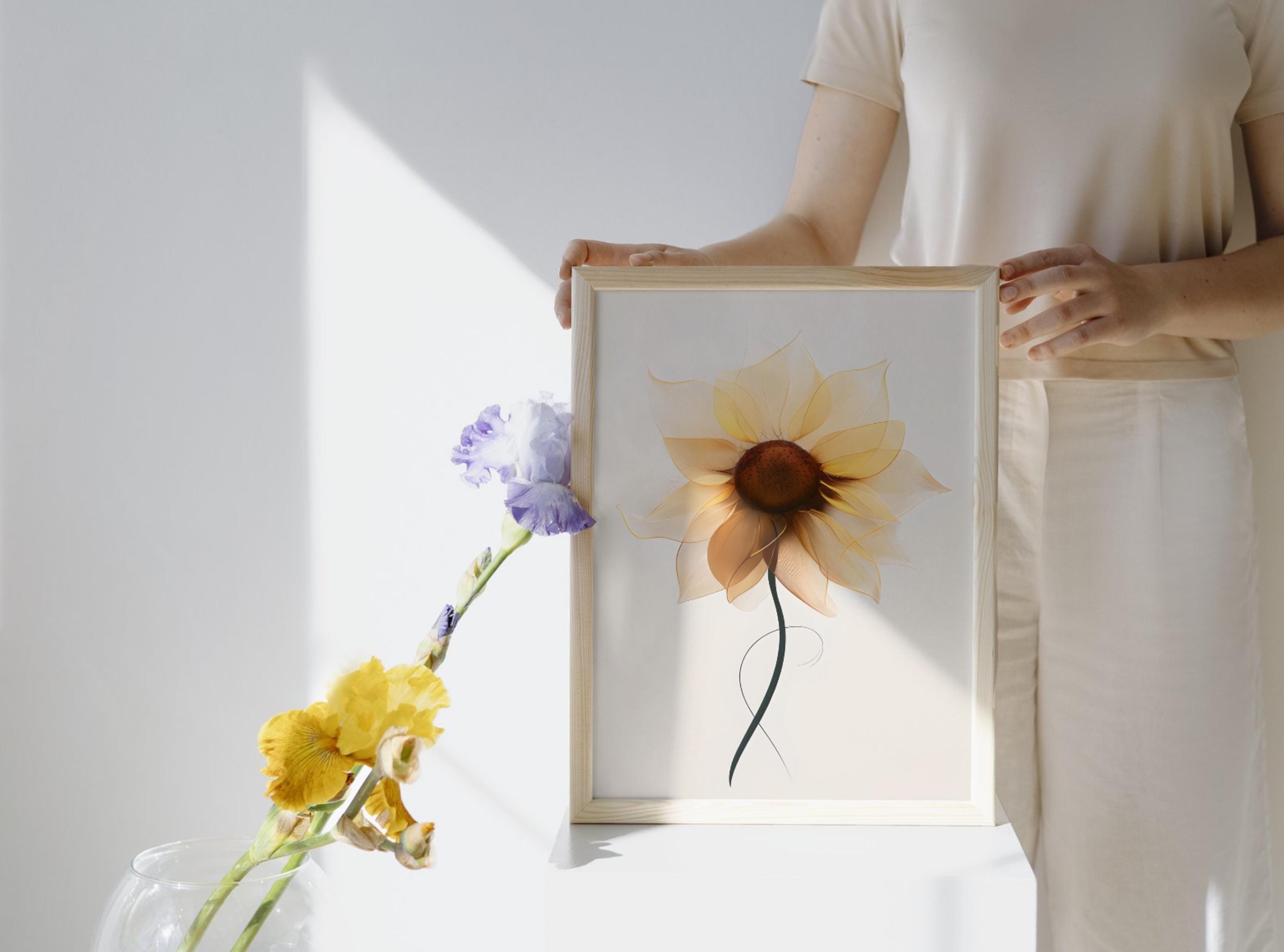 Minimalist Sunflower Art Print, Neutral Botanical Wall Decor, Modern Digital Flower Poster, Scandinavian Decor, Boho Style - Thumbnail 7
