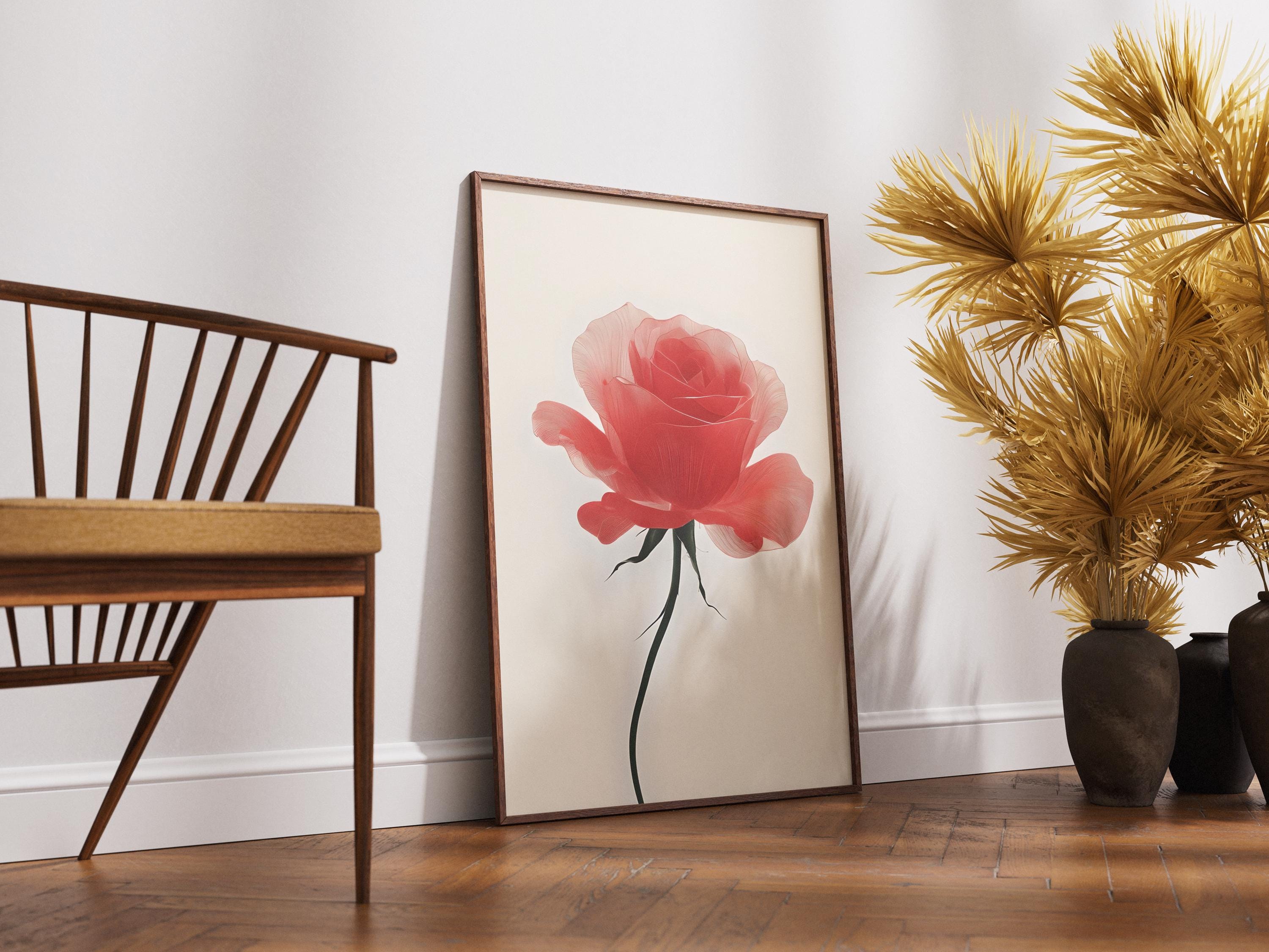 Minimalist Red Rose Art Print, Neutral Botanical Wall Decor, Modern Digital Flower Poster, Scandinavian Decor, Boho Style, Japandi Wall Art - Thumbnail 6