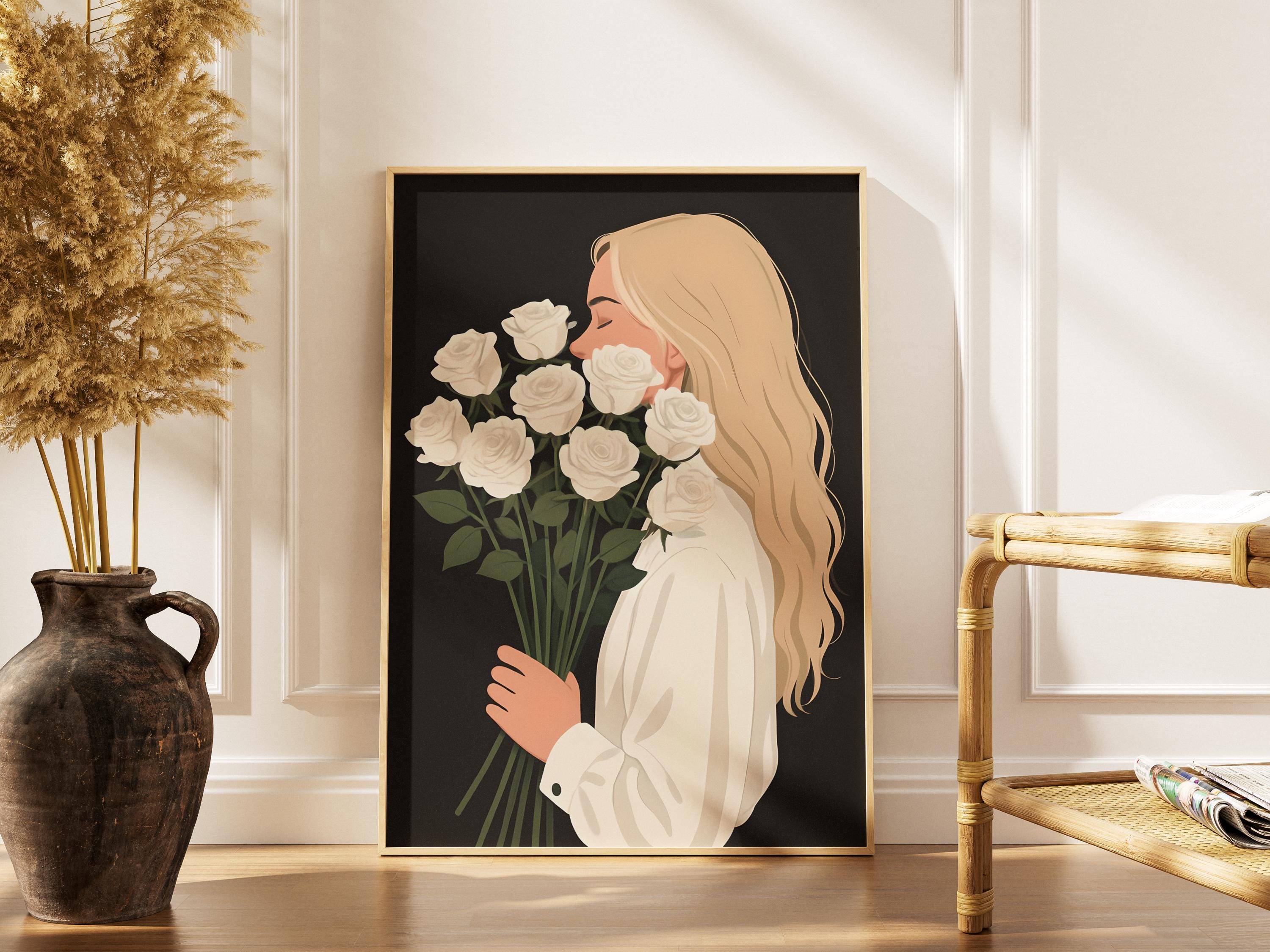 Girl with White Roses Wall Art, Modern Minimalist Floral Portrait, Elegant Feminine Poster, Digital Download, Bouquet Of Flowers