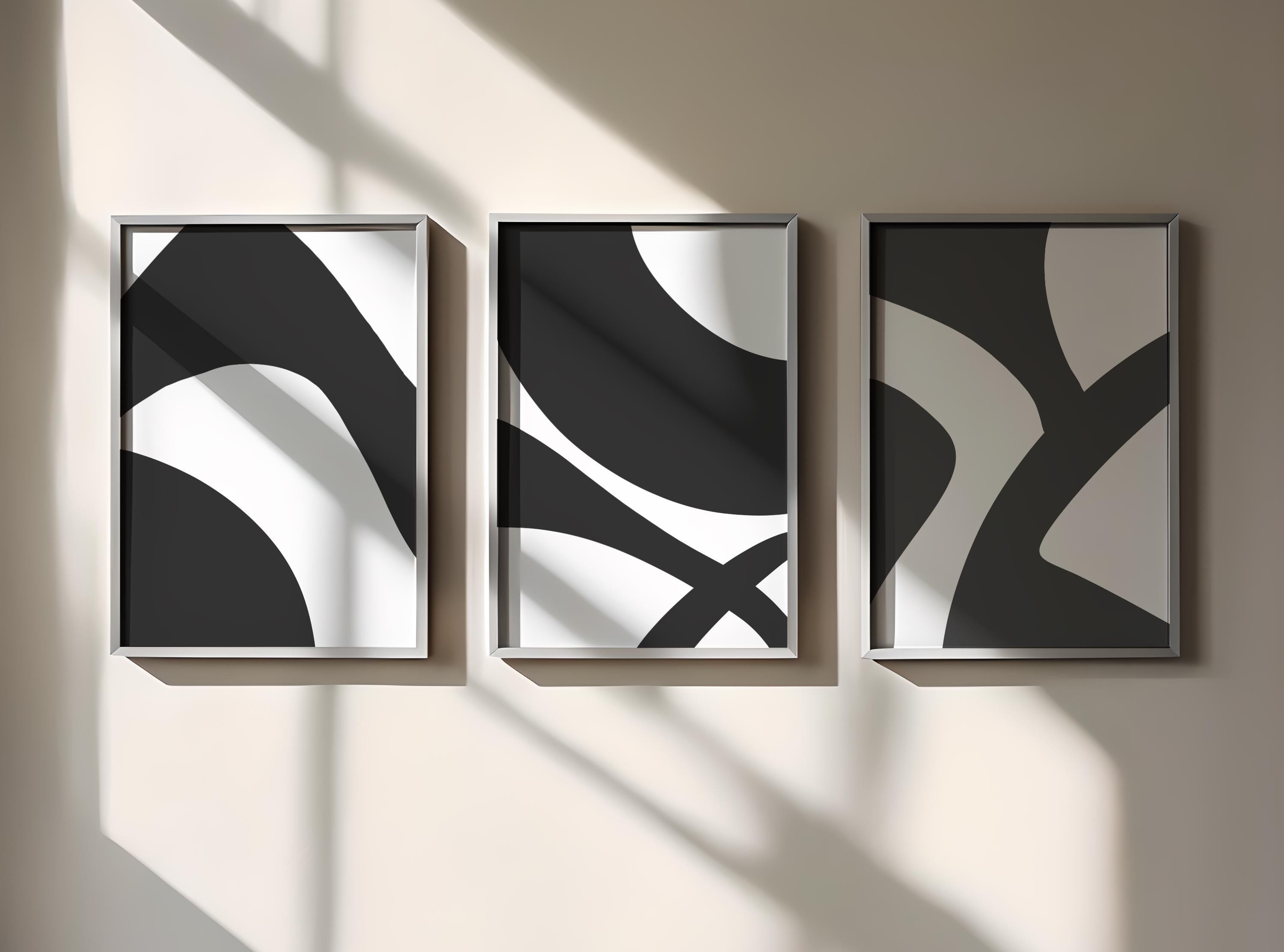 Set of 3 Black and White Abstract Wall Art, Minimalist Modern Prints, Scandinavian Style Home Decor, Digital Download