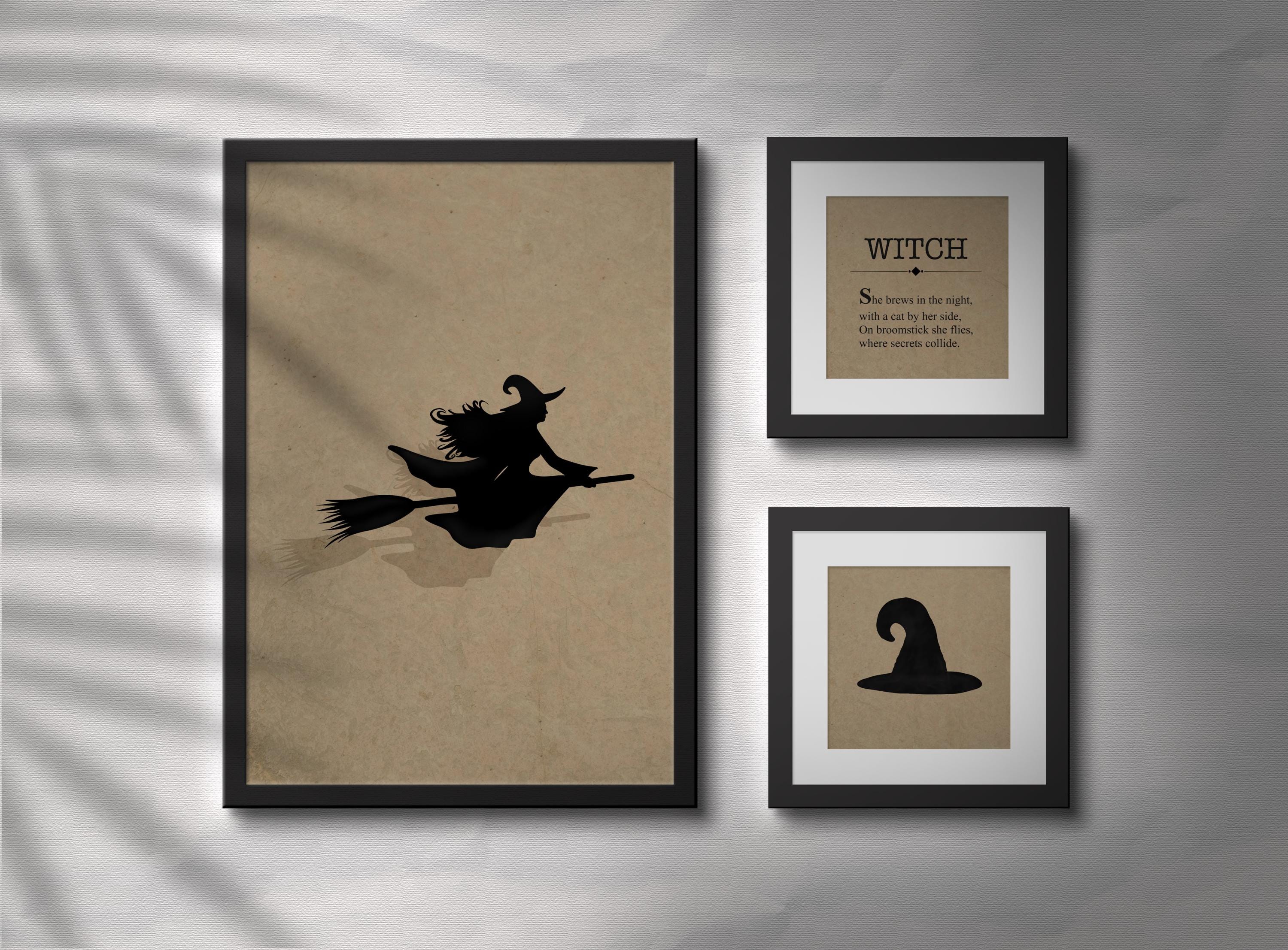 Witch Wall Art Set of 3, Vintage Halloween Decor with Hat, Flying Witch & Poem Print, Spooky Gothic Home Poster Trio, Digital Download - Thumbnail 2