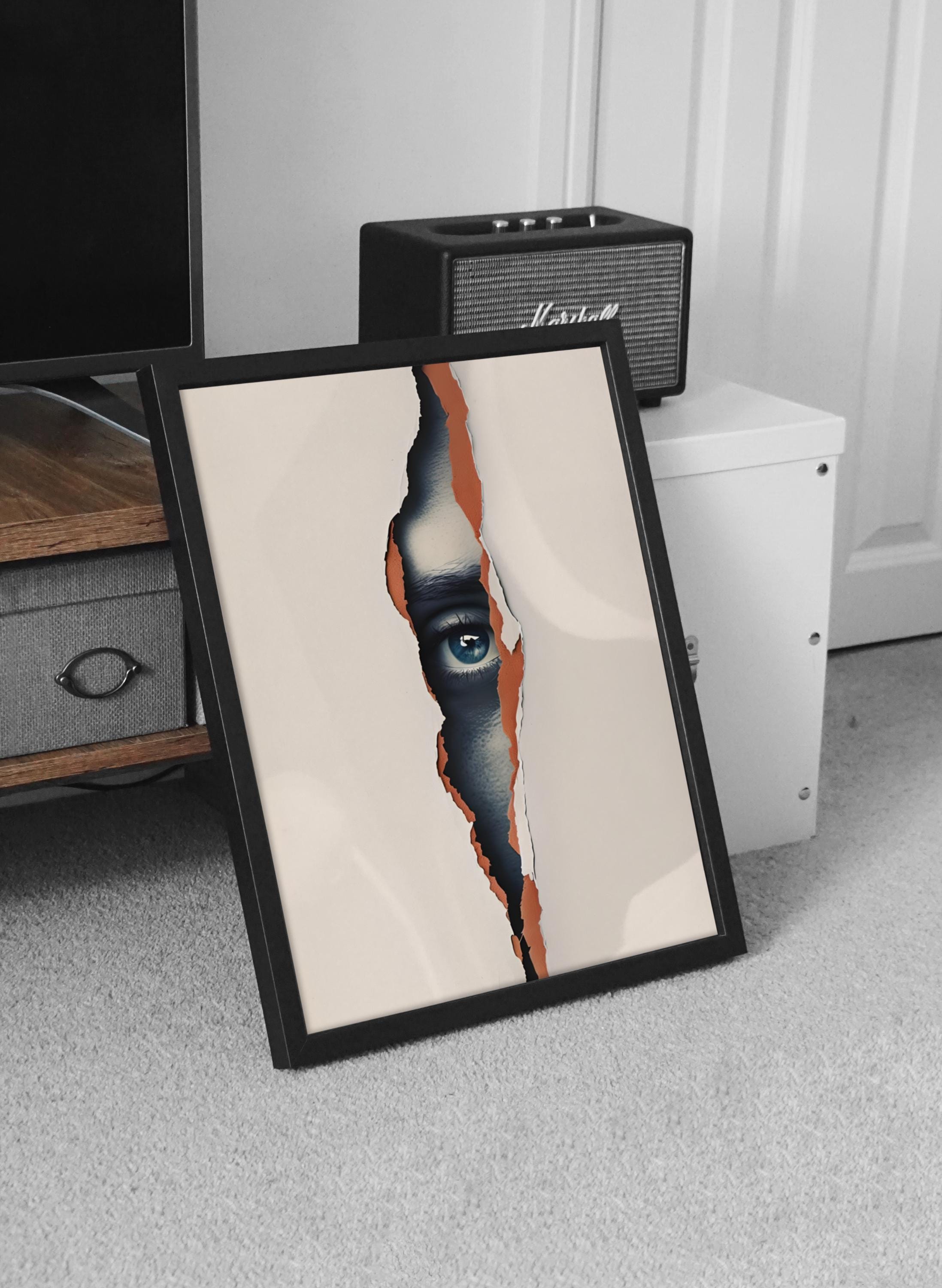 Blue Eye Through the Wall, Minimalist Mysterious Face Art, Digital Beige Aesthetic Wall Decor, Modern Surreal Poster for Home - Thumbnail 4