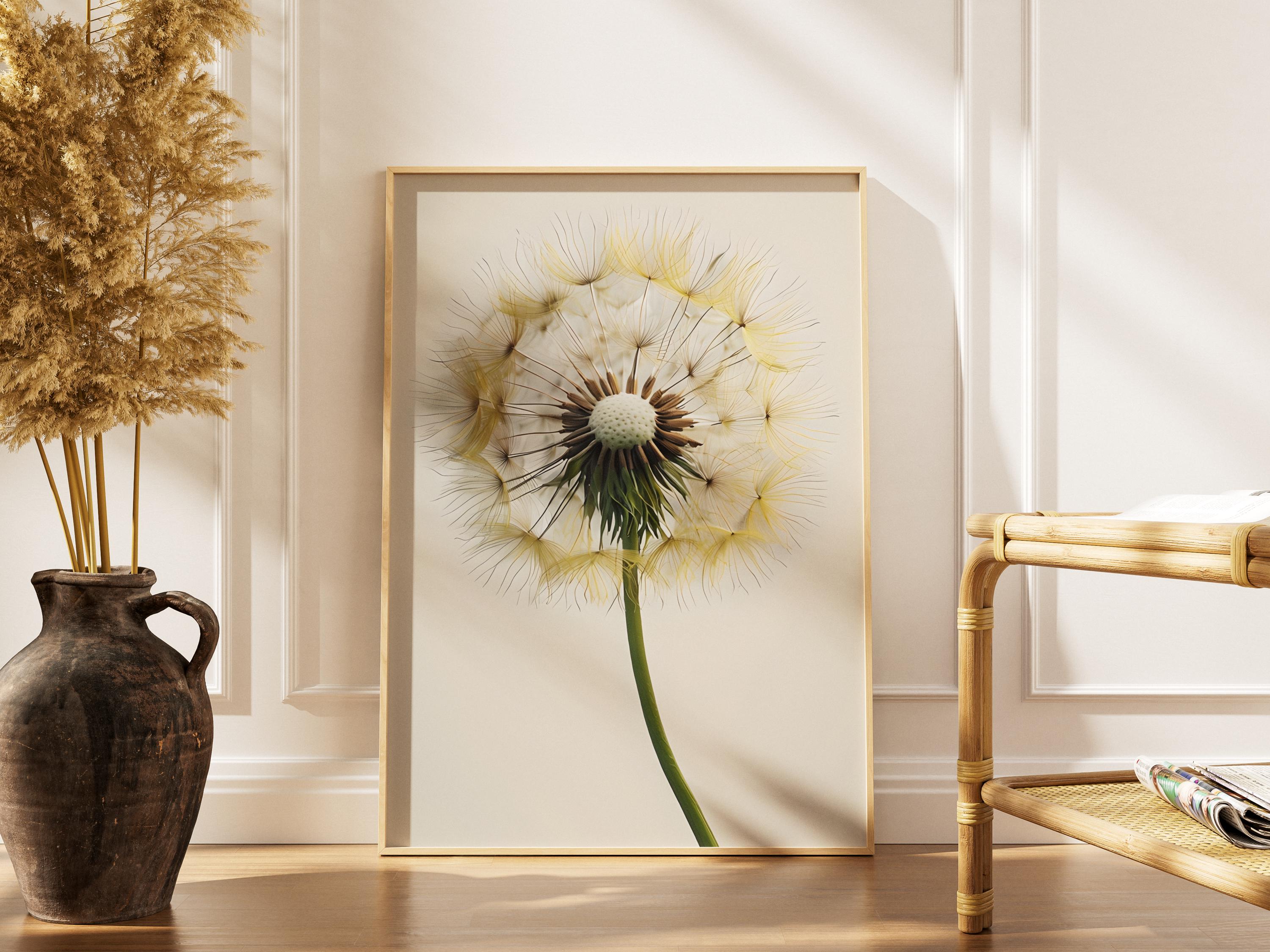 Minimalist Dandelion Art Print, Neutral Botanical Wall Decor, Elegant Modern Digital Flower Poster, Scandinavian Decor, Boho Style