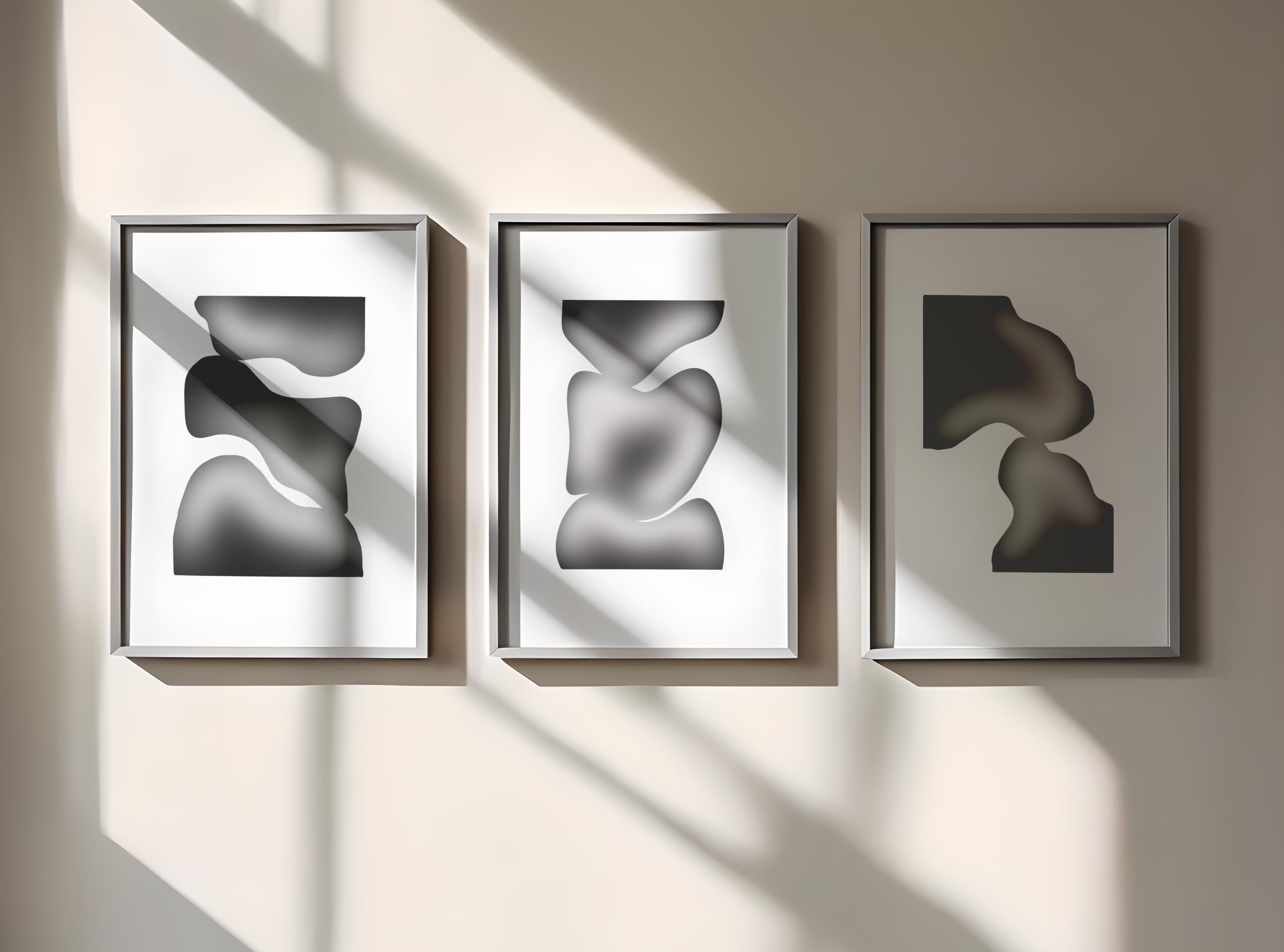 Set of 3 Abstract Black and White Wall Art Prints, Modern Minimalist Posters, Monochrome Geometric Shapes Home Decor, Digital Download - Thumbnail 2