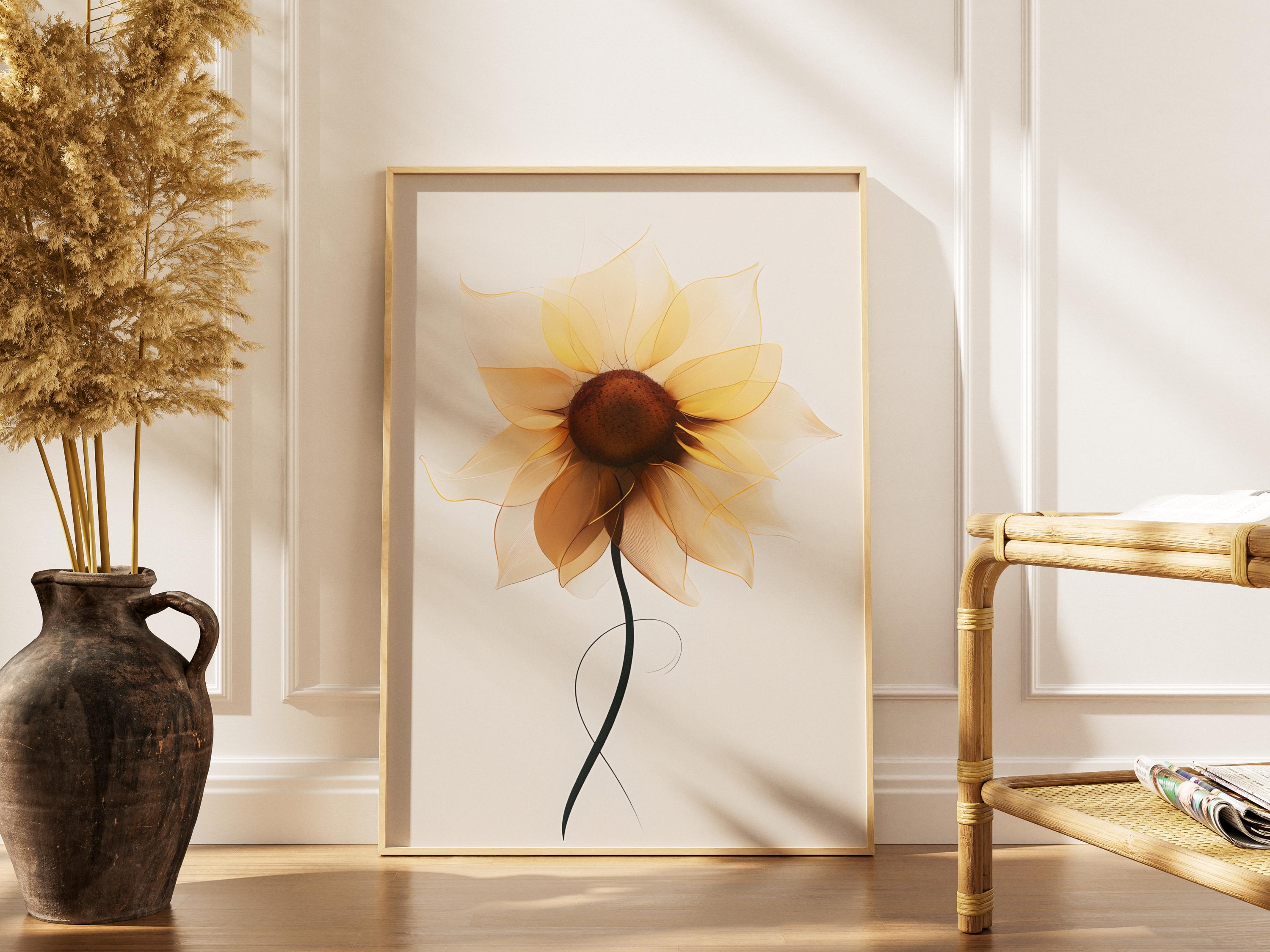 Minimalist Sunflower Art Print, Neutral Botanical Wall Decor, Modern Digital Flower Poster, Scandinavian Decor, Boho Style