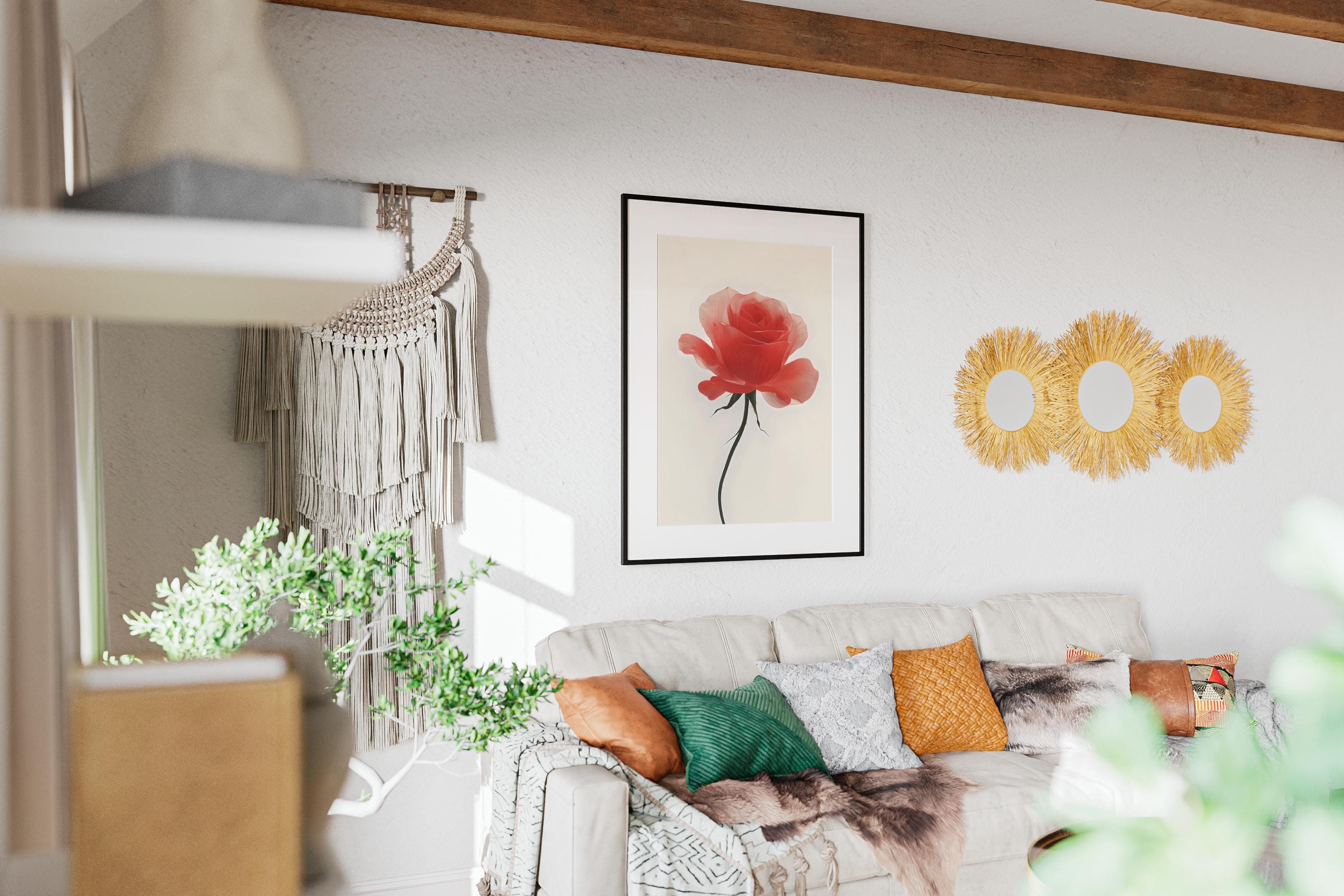 Minimalist Red Rose Art Print, Neutral Botanical Wall Decor, Modern Digital Flower Poster, Scandinavian Decor, Boho Style, Japandi Wall Art - Thumbnail 3