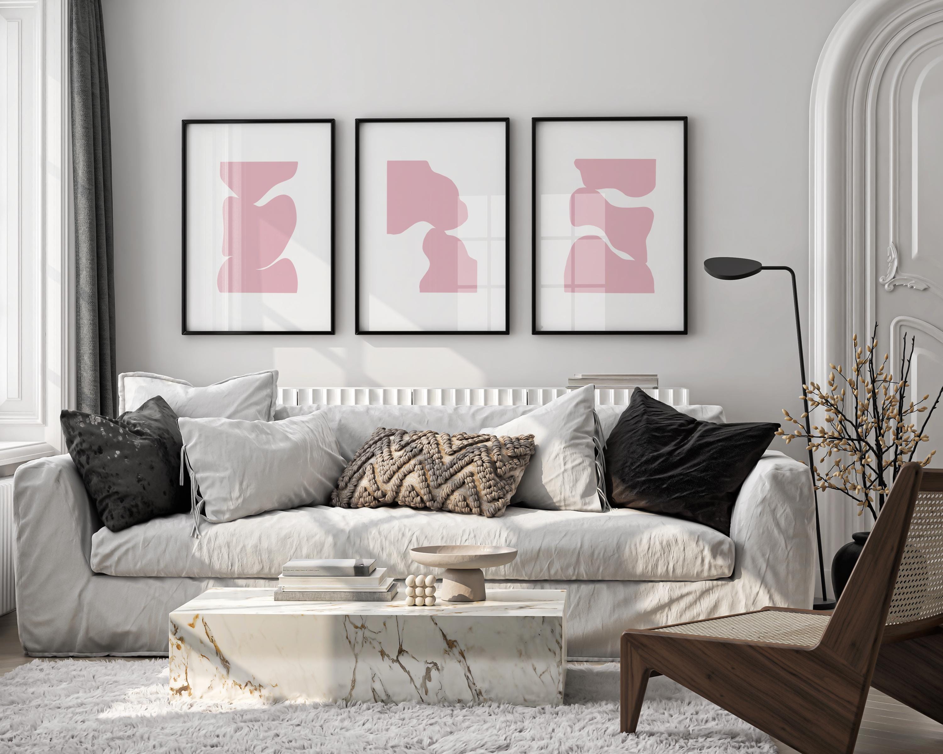 Set of 3 Pink Abstract Wall Art Prints, Blush Minimalist Line Art, Modern Home Decor, Digital Download - Thumbnail 2