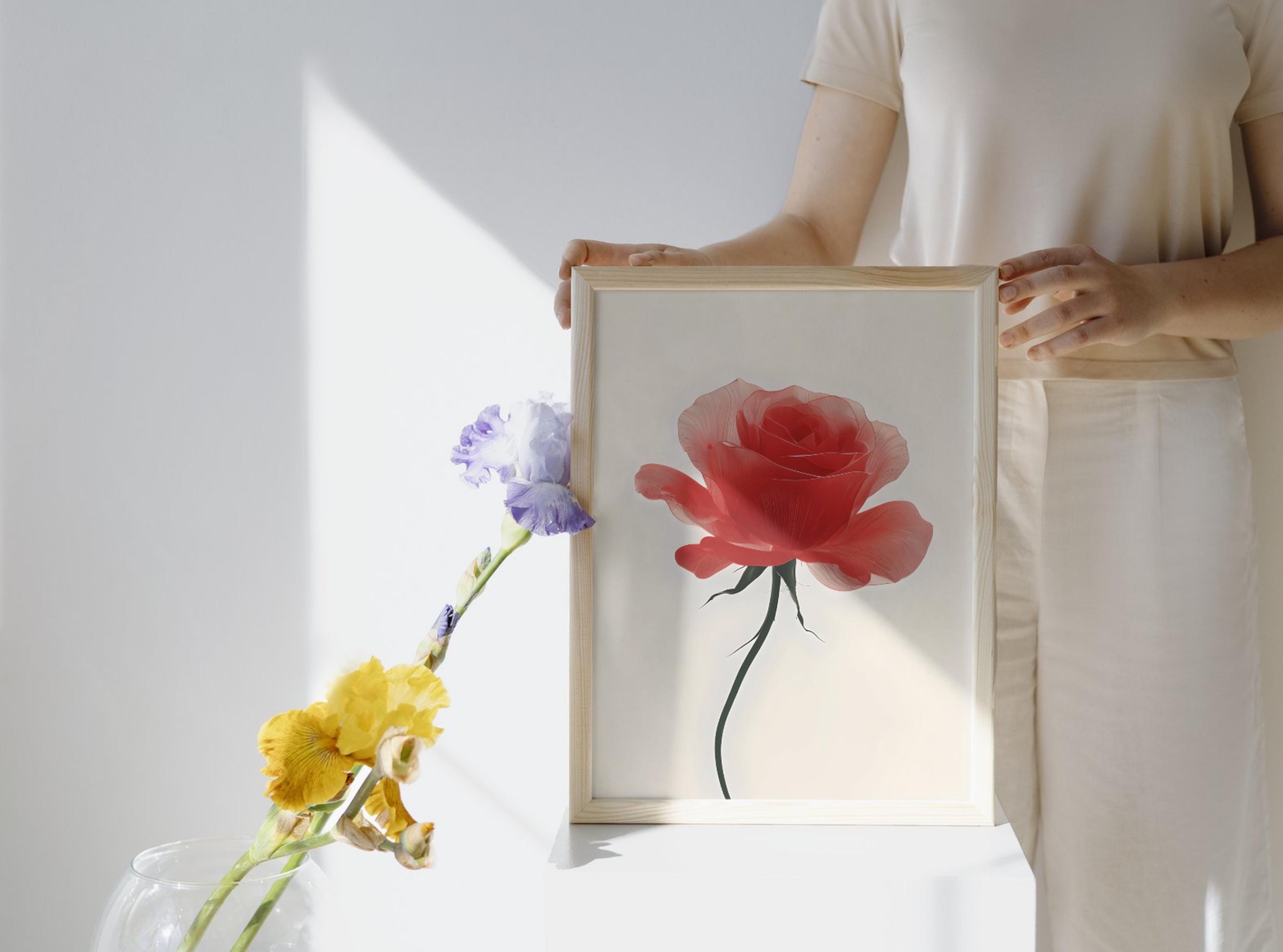 Minimalist Red Rose Art Print, Neutral Botanical Wall Decor, Modern Digital Flower Poster, Scandinavian Decor, Boho Style, Japandi Wall Art - Thumbnail 7
