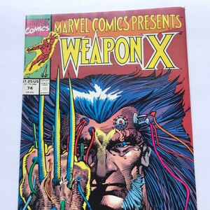 May include: Marvel Comics Presents Weapon X issue 74 comic book. The cover features a detailed illustration of a character with long dark hair, metallic implants on the forehead, and three long claws extending from the hand, connected by colourful wires.
