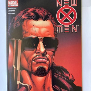 May include: A comic book cover featuring a man with a gun, wearing sunglasses and a red jacket. The cover is for New Men #141, titled "Murder at the Mansion 3 of 3".