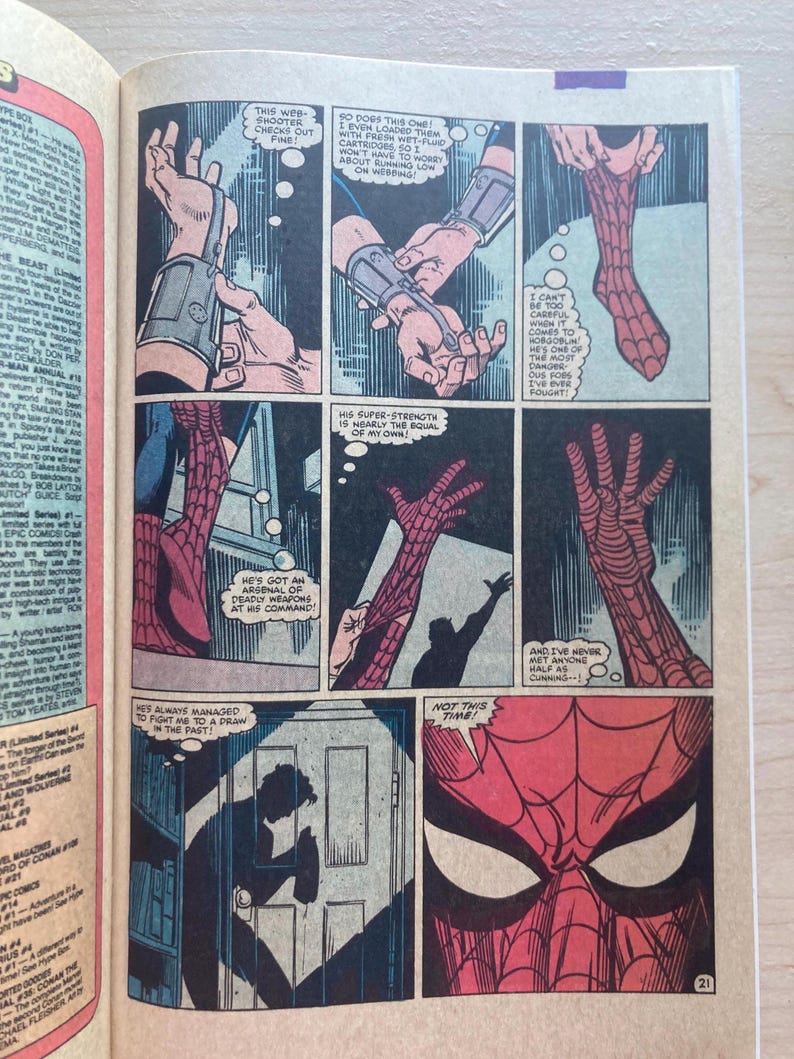 May include: A comic book page featuring Spider-Man in a red and blue costume. Panels show close-ups of web-shooters, hands pulling on a red webbed glove, and a silhouette of a figure standing in a doorway. Text bubbles include dialogue about web fluid.