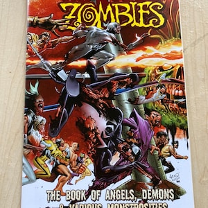 Puede incluir: Portada del cómic Marvel Zombies. El título "Marvel Zombies" está en amarillo y rojo. La ilustración muestra varios personajes zombis en acción. El texto "The Book of Angels, Demons & Various Monstrosities" está en la parte inferior.