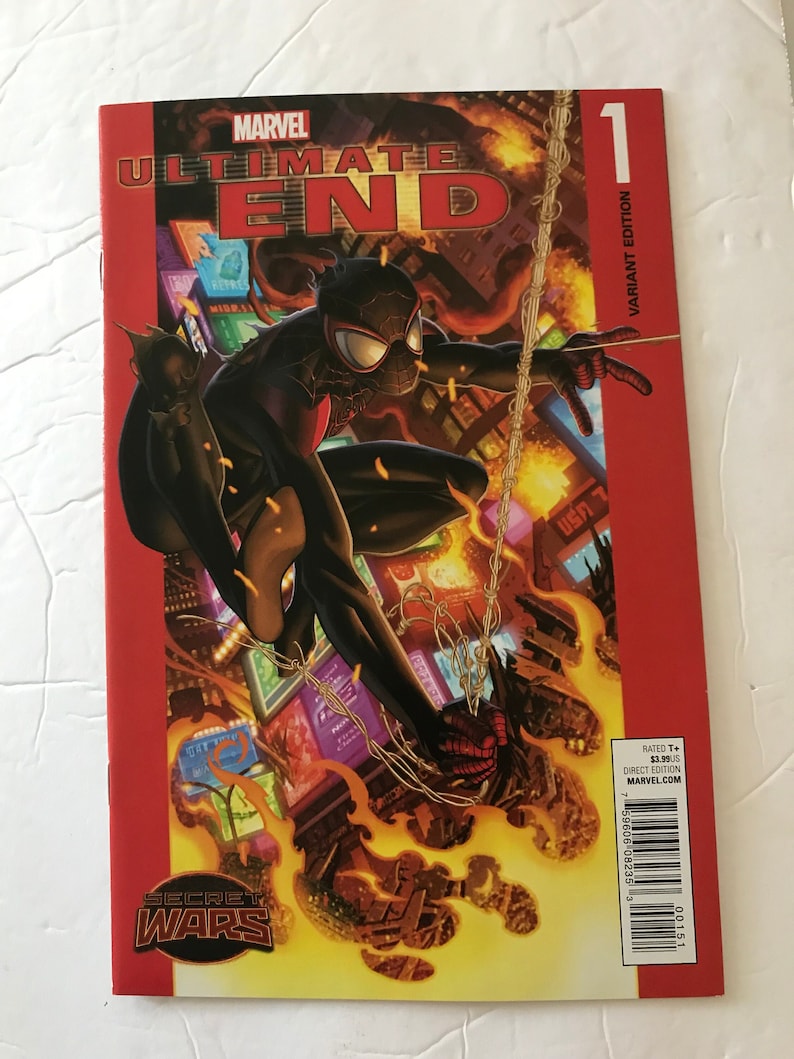 K&ouml;nnte beinhalten: Ein Comic-Cover mit einem schwarzen und roten Superhelden-Charakter in einer feurigen Stadtlandschaft. Das Cover tr&auml;gt den Titel "Ultimate End" mit der Nummer "1" und den Worten "Variant Edition". Der Comic ist Teil der "Secret Wars"-Serie.