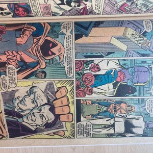 May include: A vintage comic book page featuring multiple panels with illustrations of a hooded figure in a tan cloak, a man in a suit, and a woman. The artwork includes red roses, speech bubbles with text, and a photograph held by a hand.