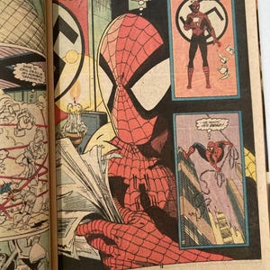 Pu&ograve; includere: Pagina di fumetto vintage con Spider-Man. I pannelli mostrano Spider-Man in azione, che legge documenti e affronta un simbolo nazista. Le nuvolette contengono dialoghi e l'opera d'arte &egrave; in stile fumetto classico.