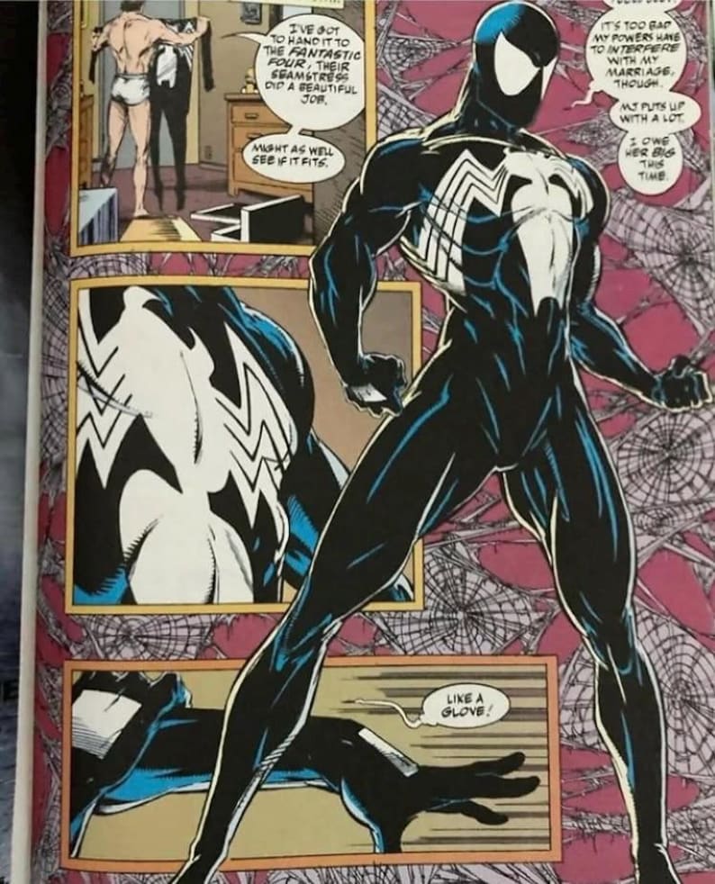May include: A comic book page featuring Spider-Man in a black suit with a large white spider emblem on the chest. The panels show the character standing, a close-up of the emblem, and a hand, with speech bubbles containing text about his marriage.