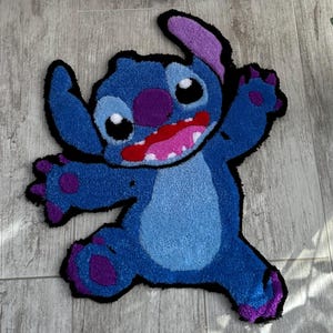 Cute Stitch Tufted Rug – Fun Blue Alien Carpet – Cozy Handmade Floor Art
