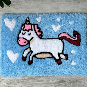 Unicorn Tufted Rug – Handmade Fantasy Carpet, Whimsical Nursery Decor, Cute Pastel Unicorn Wall Hanging or Floor Mat, Custom Rug Gift