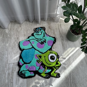 Alfombra Fuzzy Monster Duo con mechones: arte de suelo inspirado en dibujos animados