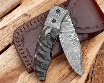 handmade Damascus steel folding knife ram horn handle with spacers inner lock