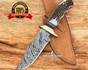Custom and handmade Damascus steel hunting knife with fire pattern camping knife leather sheath Included.
